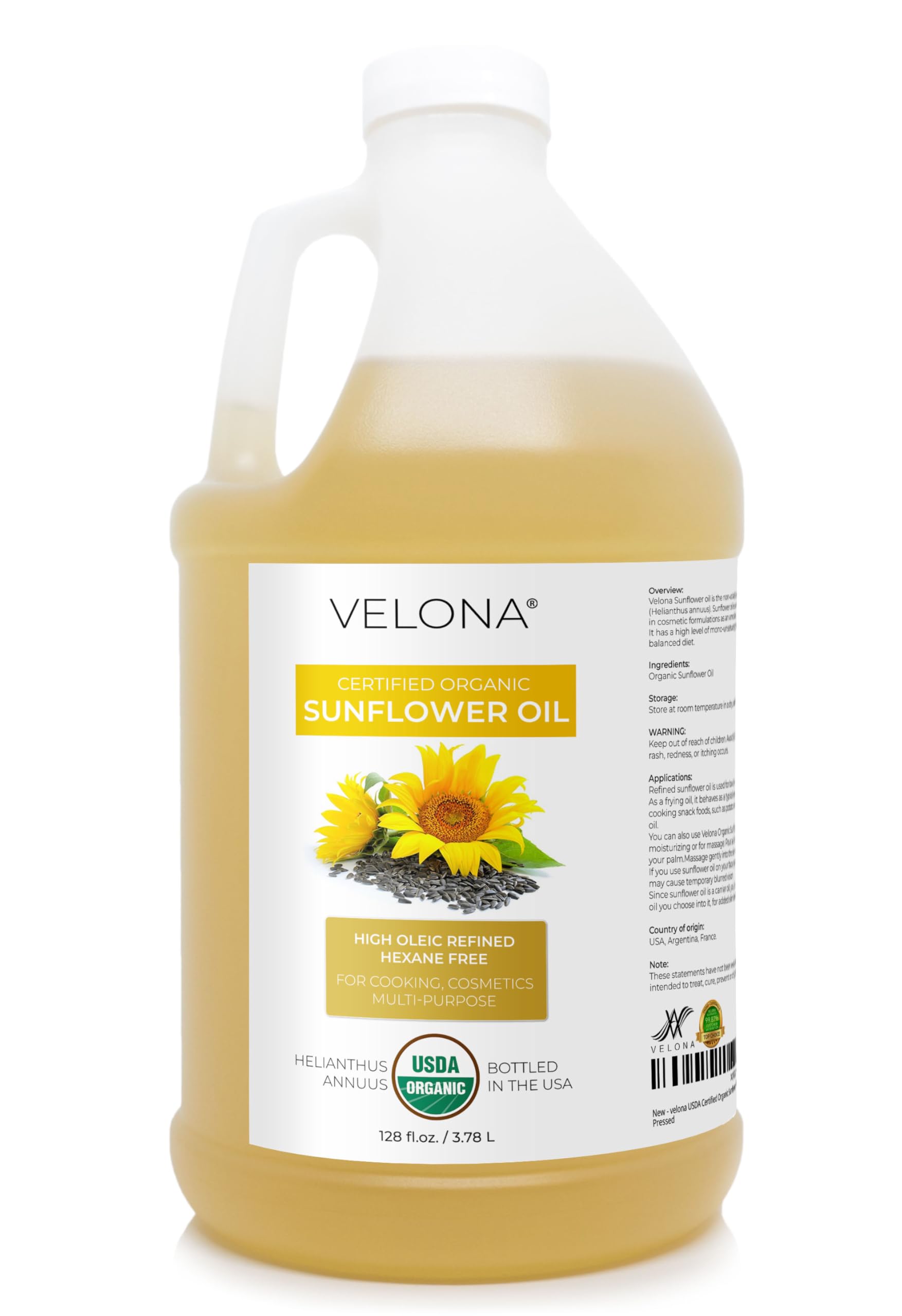 Velona USDA Organic Sunflower Oil 1gal – Refined High Oleic Carrier Oil for Cooking & Skin