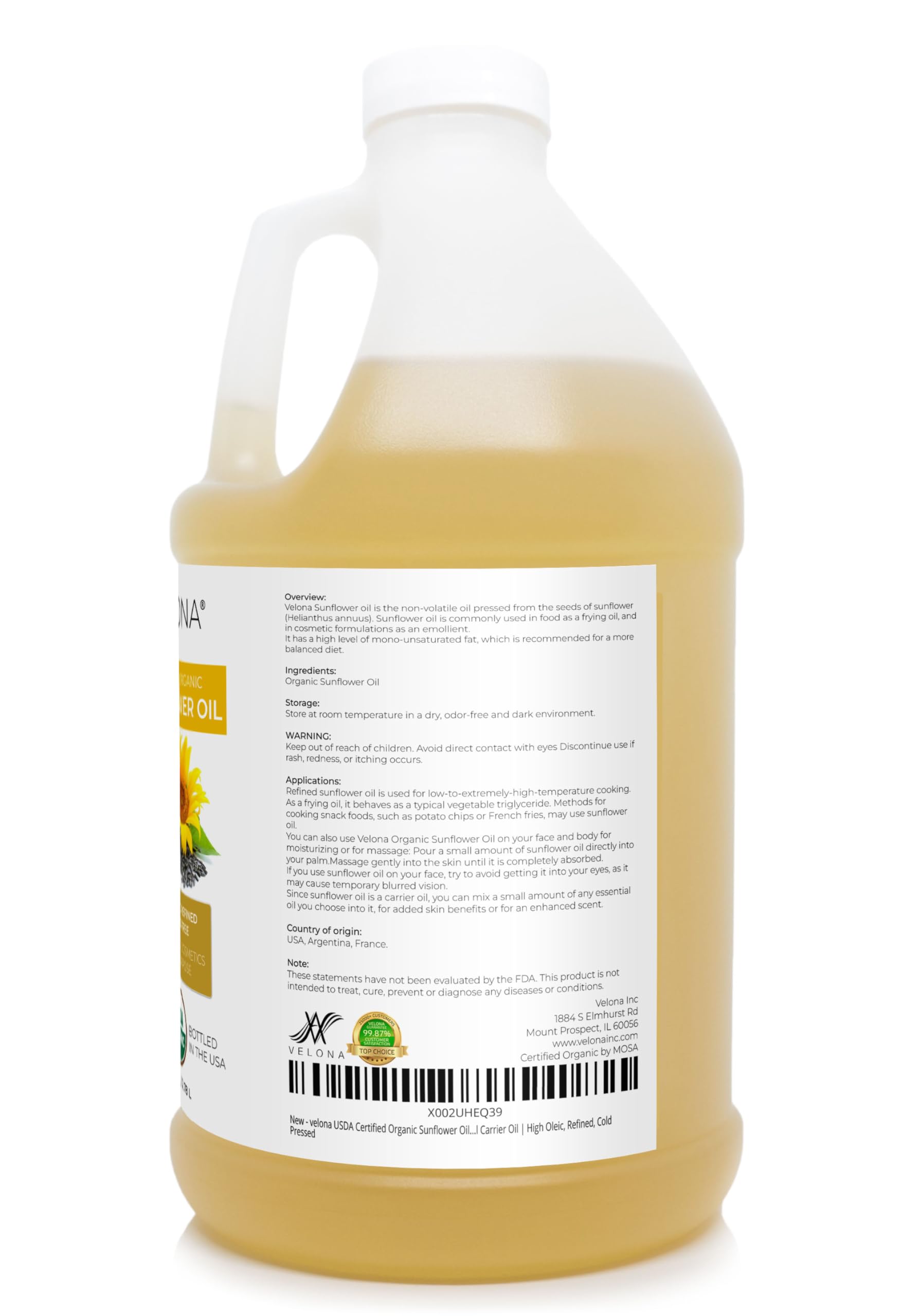 Velona USDA Organic Sunflower Oil 1gal – Refined High Oleic Carrier Oil for Cooking & Skin