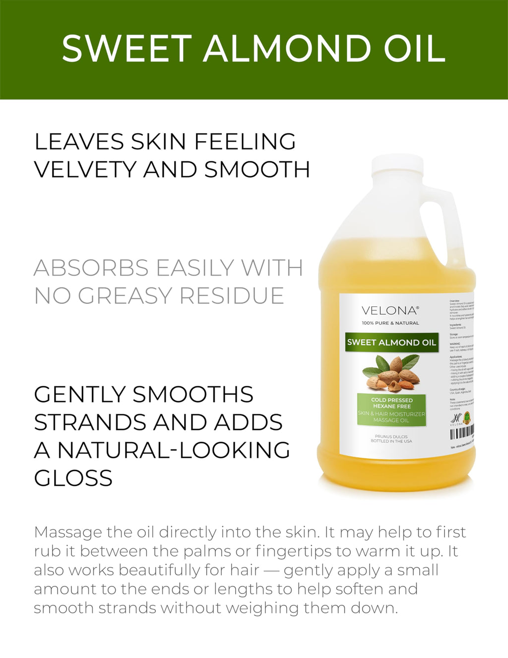 Velona Sweet Almond Oil - 64 Fl Oz | 100% Pure Cold-Pressed Carrier Oil for Skin, Hair & Body