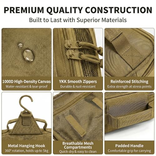 VELVEBAG Hanging Toiletry Bag for Men – Waterproof Travel Shaving Bag with Hook (Khaki)