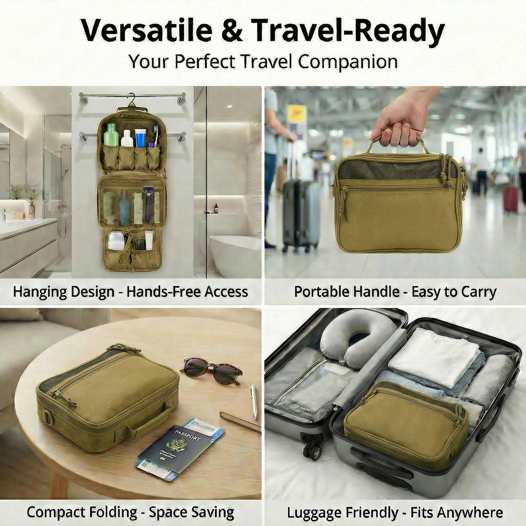 VELVEBAG Hanging Toiletry Bag for Men | Waterproof Travel Shaving Bag with Hook | Khaki