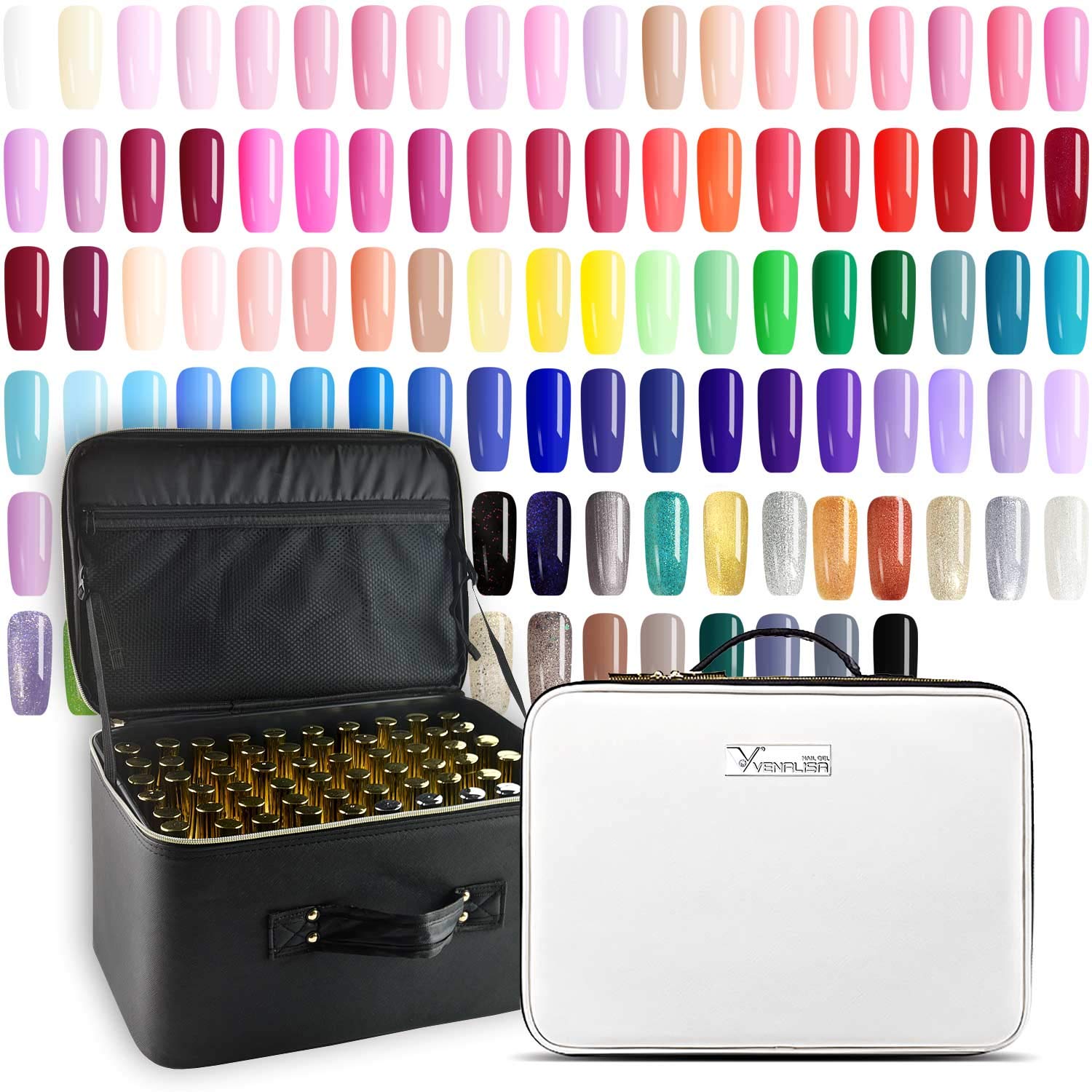 VENALISA 120 Pcs Gel Nail Polish Set with Base & Top Coat – 12ml Soak-Off UV LED Kit (White, Black, Pink, Blue)