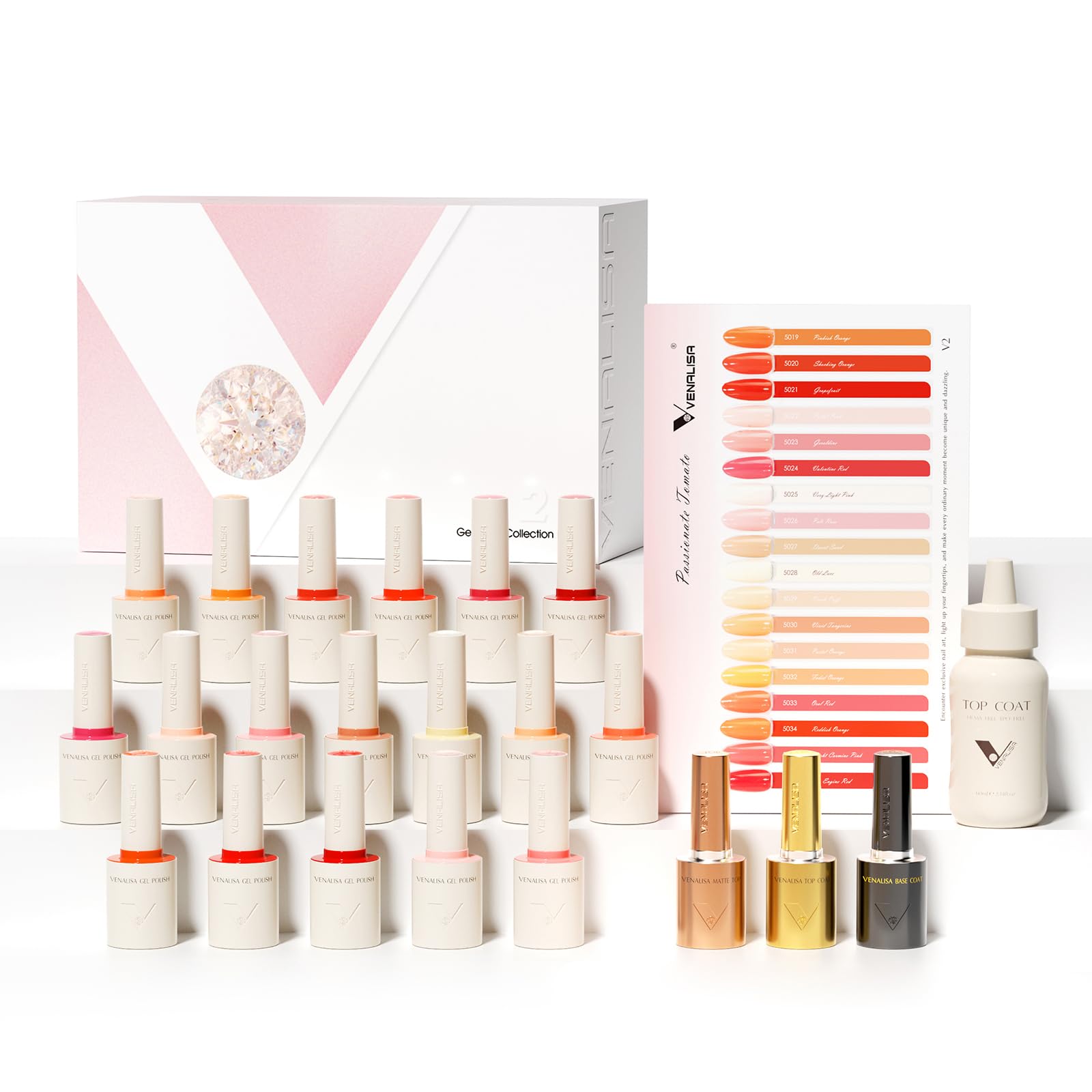 VENALISA V2 22-pcs Gel Nail Polish Set - 18 Colors, Color Card, Base & Top Coats