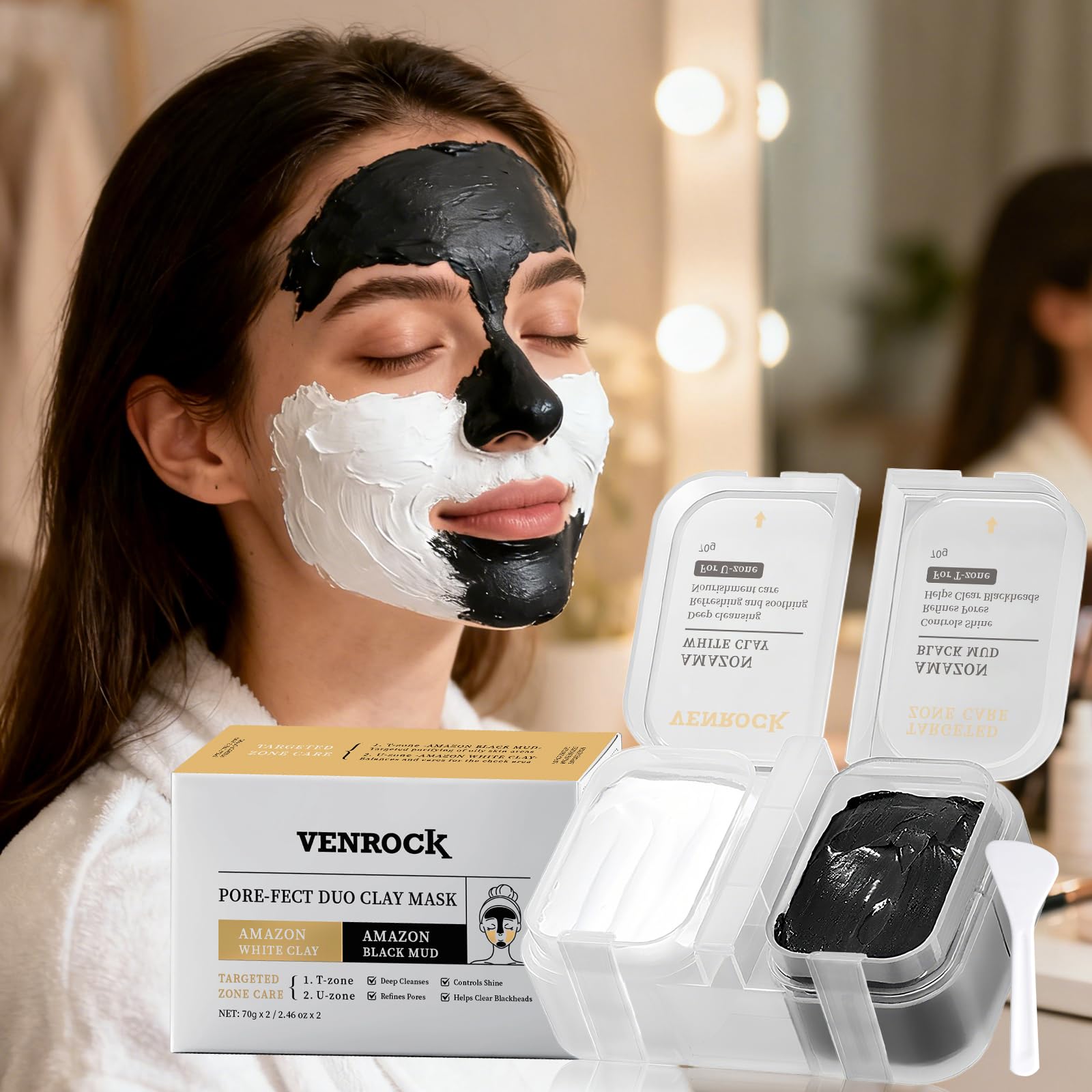 Venrock Dual Kaolin Clay Mask & Black Mask Clay - 2-in-1 Deep Pore Cleansing Facial (4.94 oz)