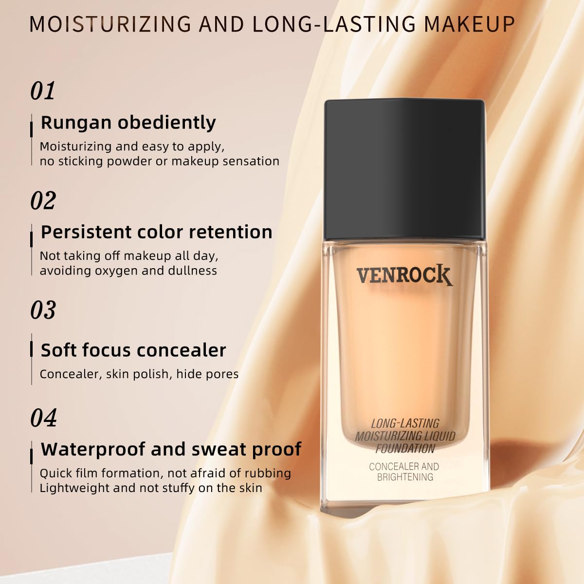 Venrock 24HR Long-Lasting Moisturizing Foundation – 02 Beige (30ml) | Waterproof & Buildable Coverage