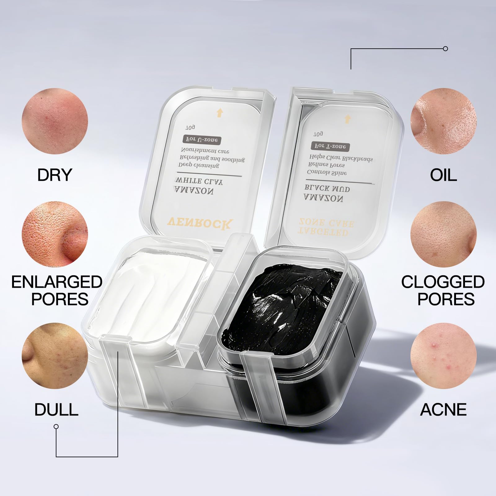 Venrock Dual Kaolin Clay Mask & Black Mask Clay - 2-in-1 Deep Pore Cleansing Facial (4.94 oz)