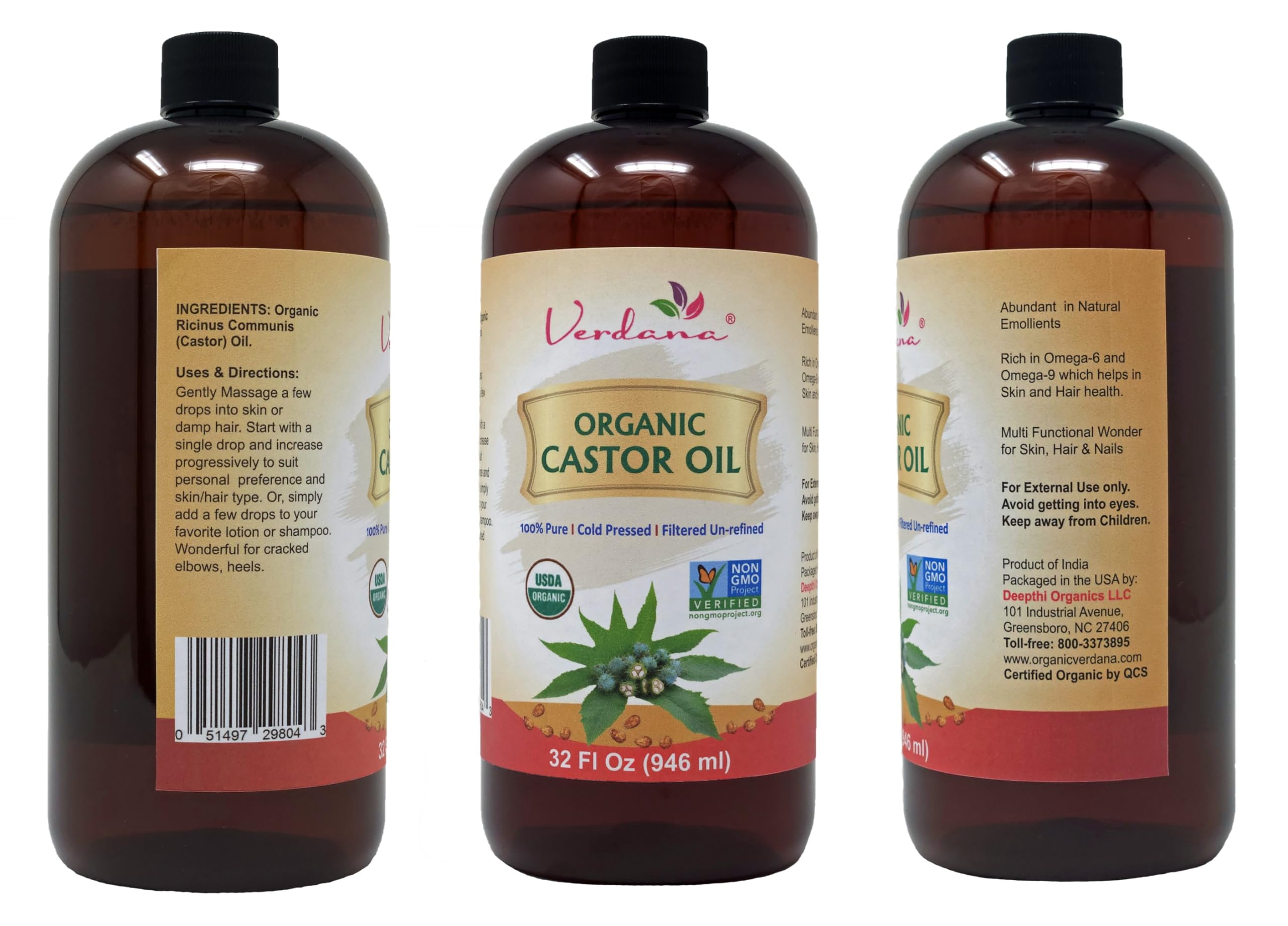 Verdana Organic Castor Oil – Cold Pressed, Hexane Free, USDA Organic – 32 fl oz