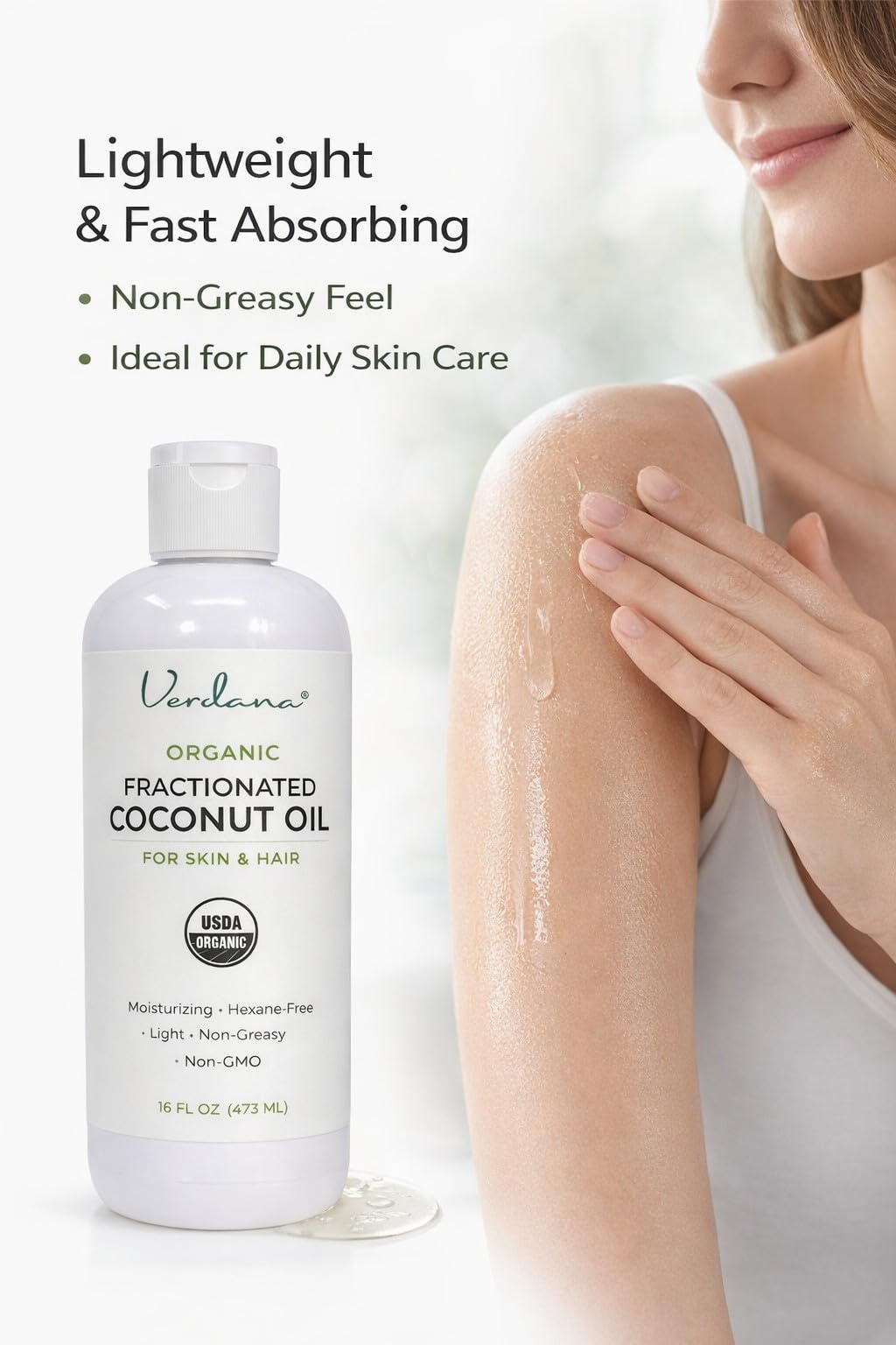 Verdana Organic Fractionated Coconut Oil – Lightweight Carrier for Skin & Hair – USDA Organic, Unscented