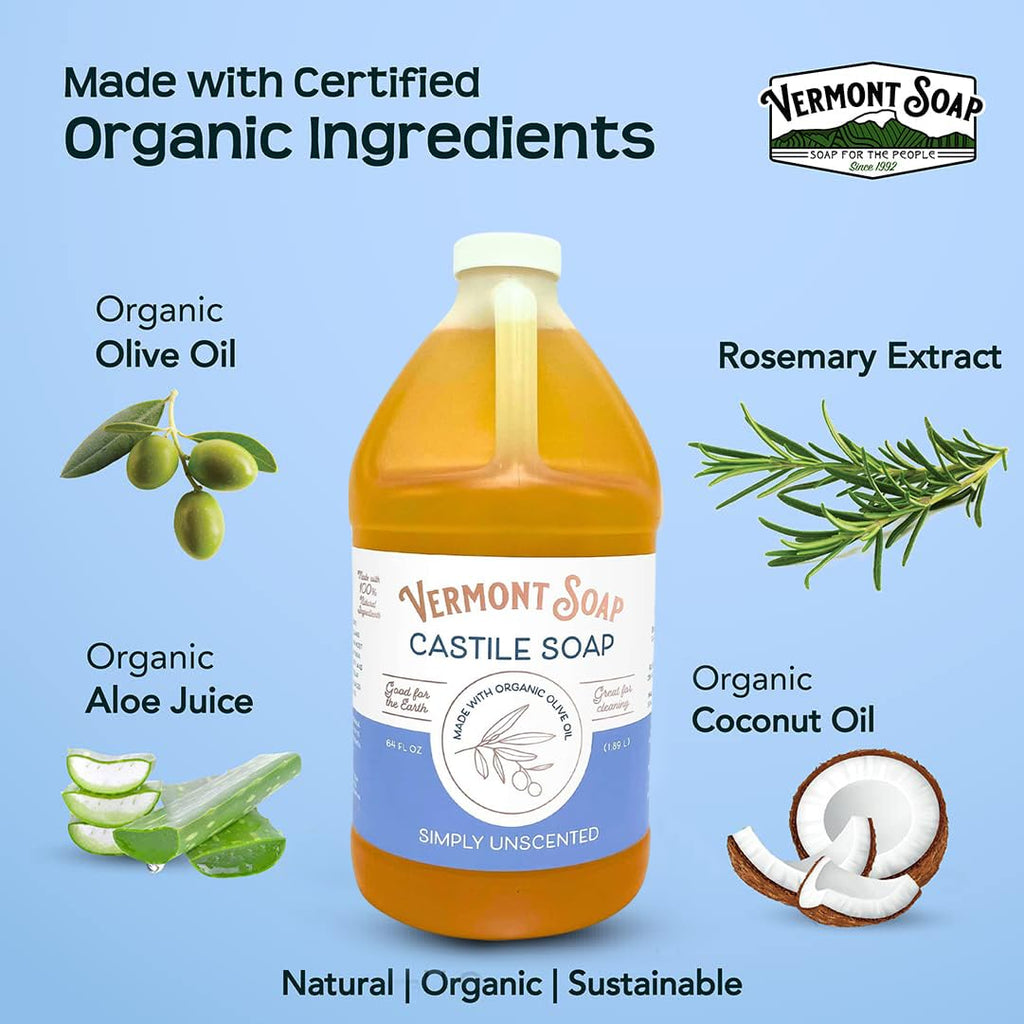 Vermont Castile Soap Unscented – Gentle Organic Liquid Soap for Skin, Hair & Home (64 oz)