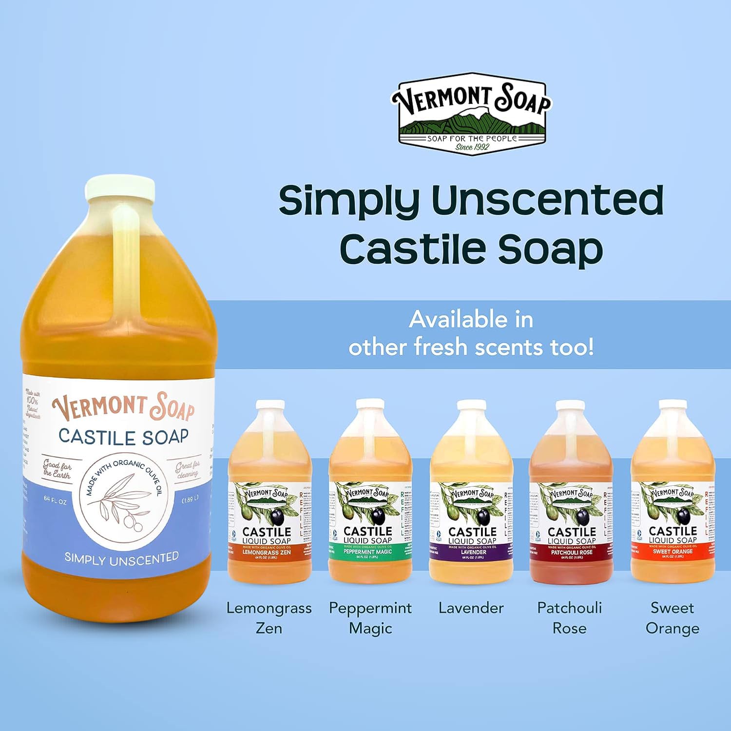 Vermont Castile Soap Unscented – Gentle Organic Liquid Soap for Skin, Hair & Home (64 oz)