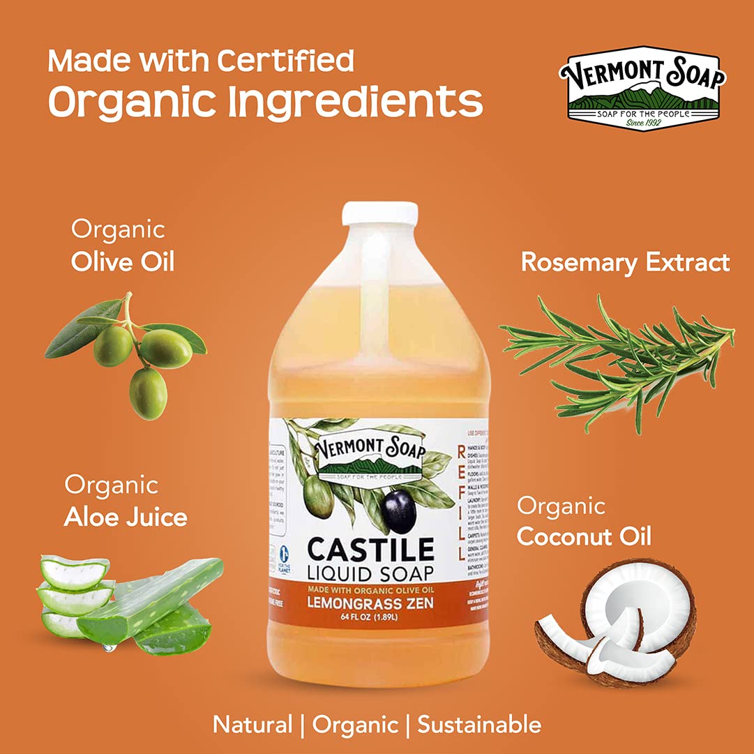Vermont Castile Lemongrass Zen Soap – Gentle Liquid Soap for Sensitive Skin, Body Wash & Oily Hair Shampoo (64 oz)