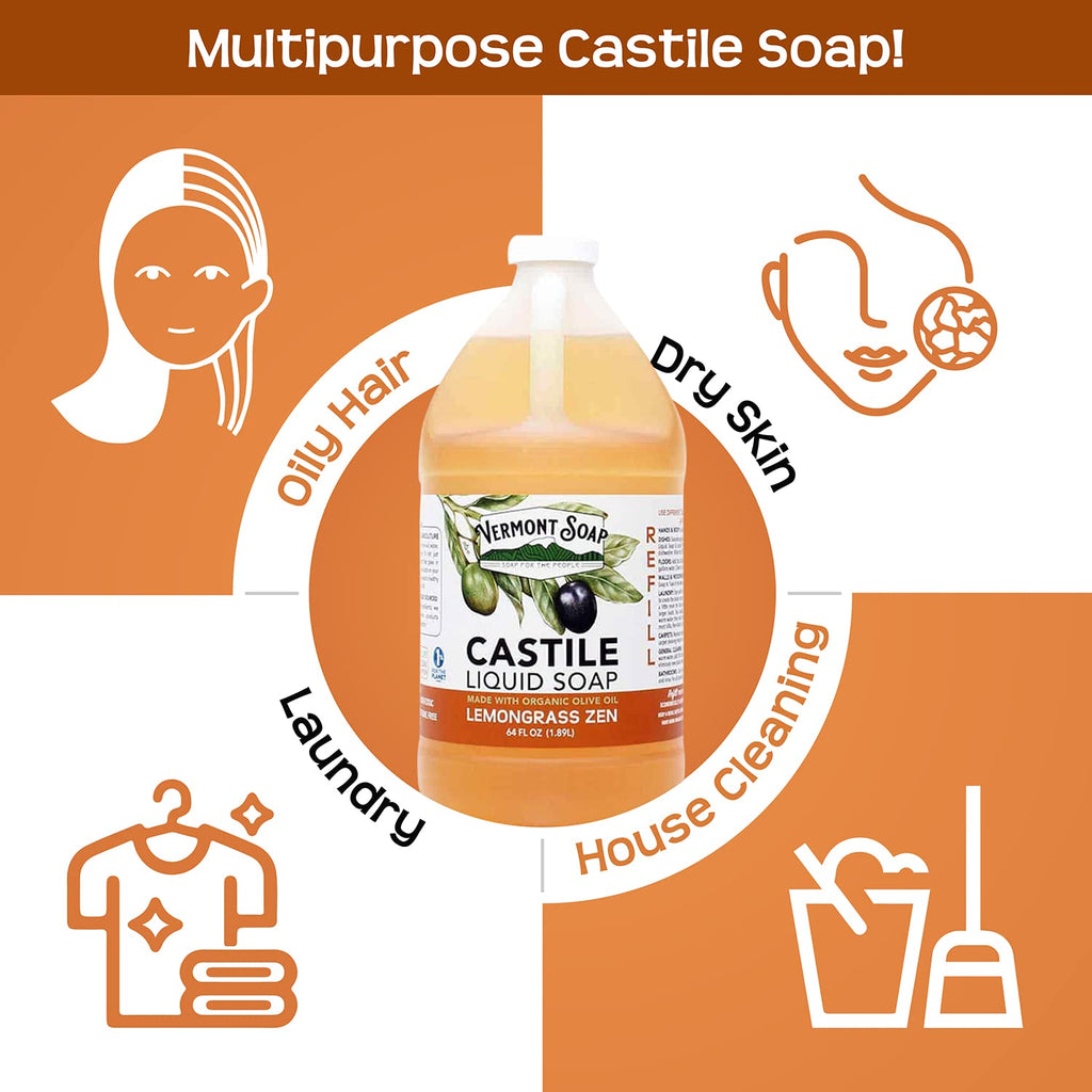 Vermont Castile Lemongrass Zen Soap – Gentle Liquid Soap for Sensitive Skin, Body Wash & Oily Hair Shampoo (64 oz)
