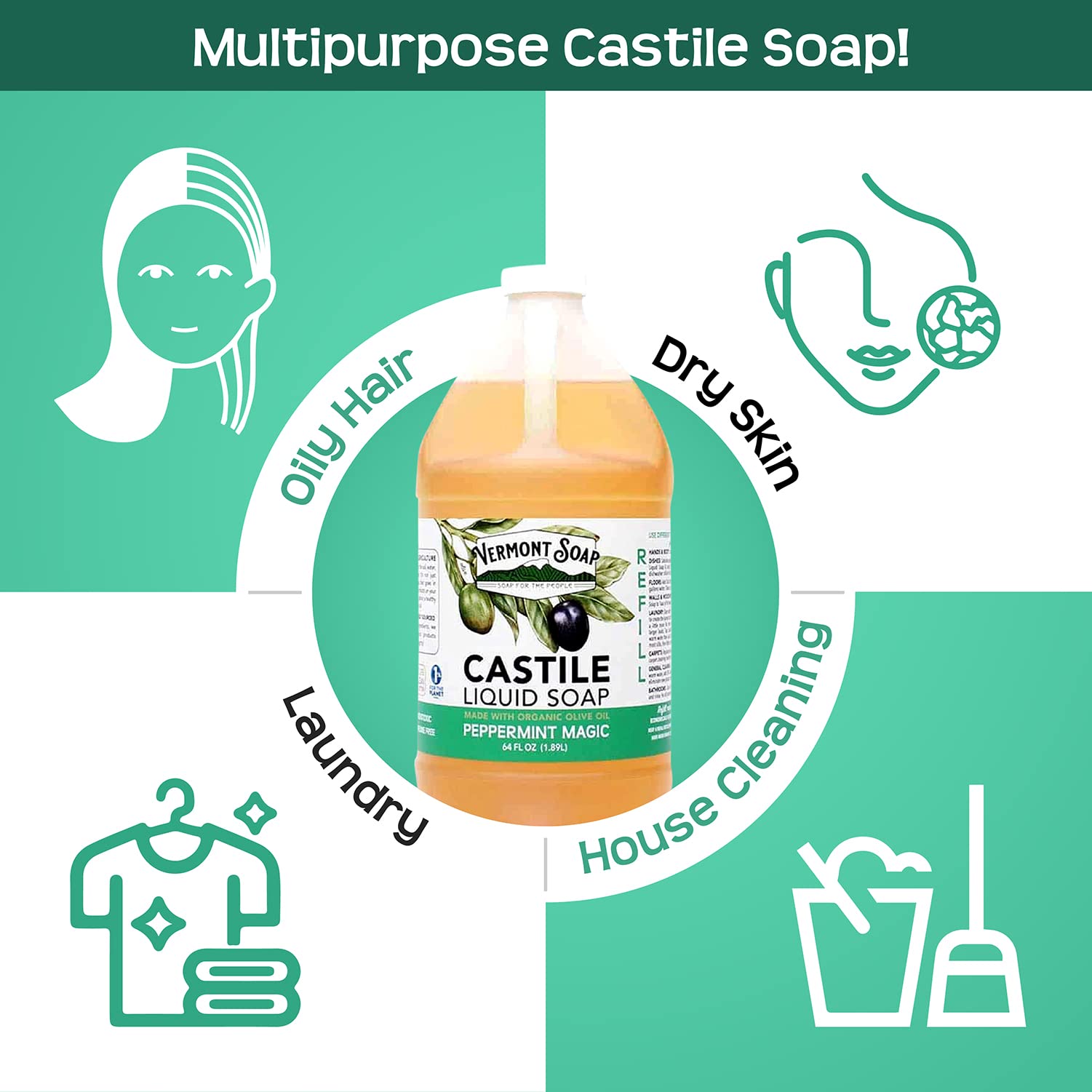 Vermont Soap Vermont Castile Peppermint - Gentle Liquid Soap for Sensitive Skin, Organic Hair Shampoo for Oily Hair, 64 oz