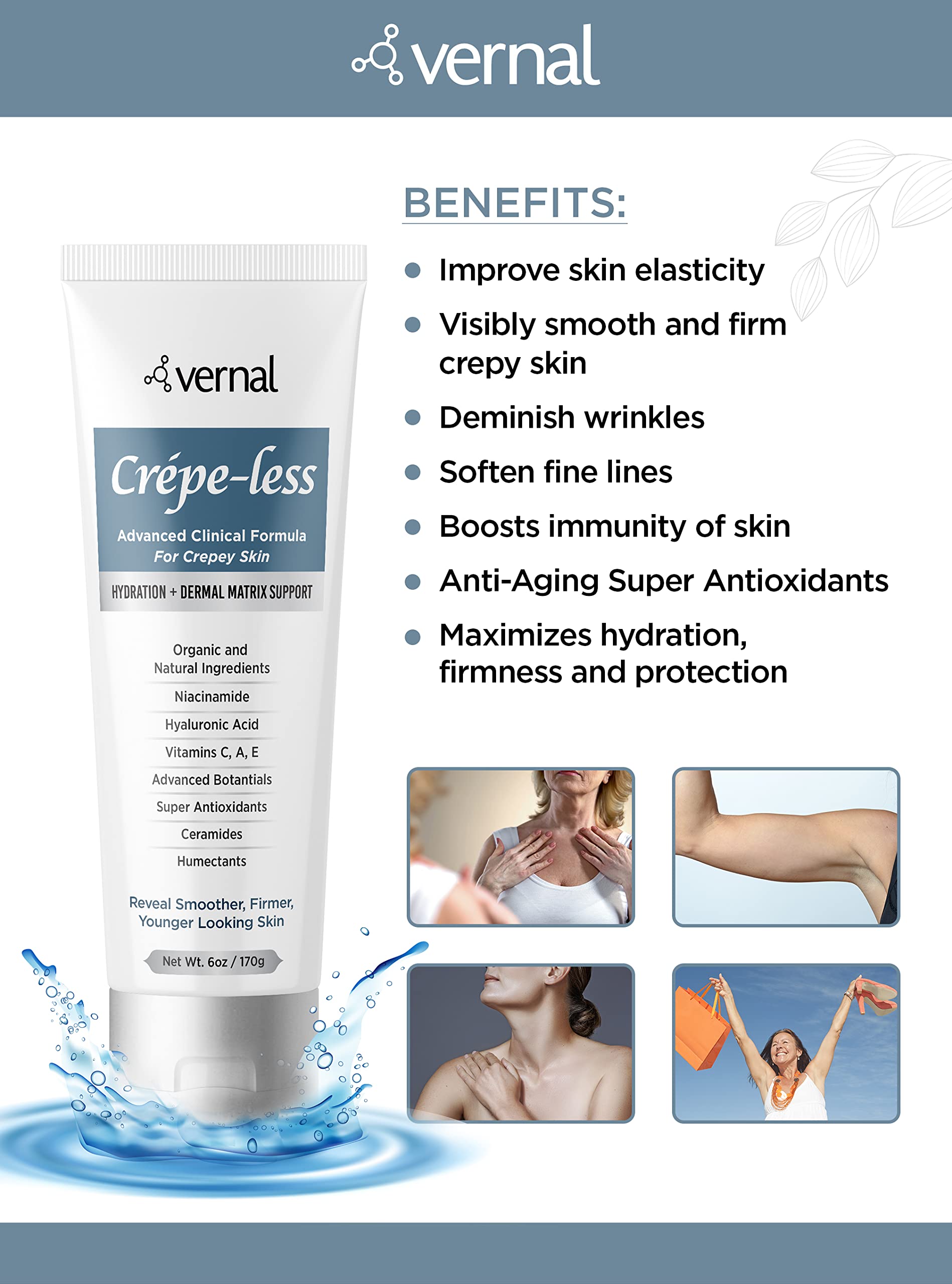 Vernal Crepe-less Skin Firming Cream – Crepey Arms, Neck & Hands | Organic Body Moisturizer, Made in USA (6 oz)