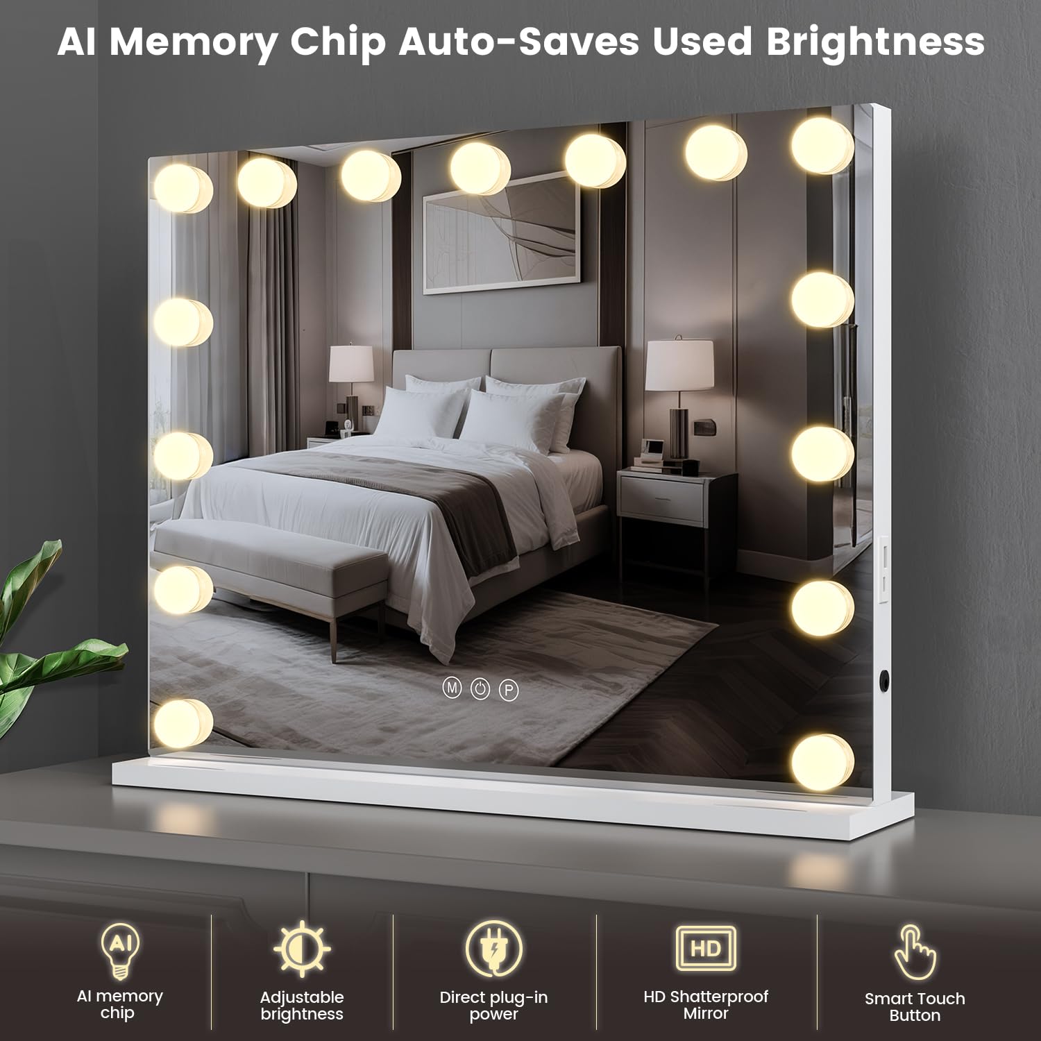 VESAUR 23x18 Vanity Mirror with Lights | 10X/15X Magnification, 15 LED Bulbs, USB-C Charger