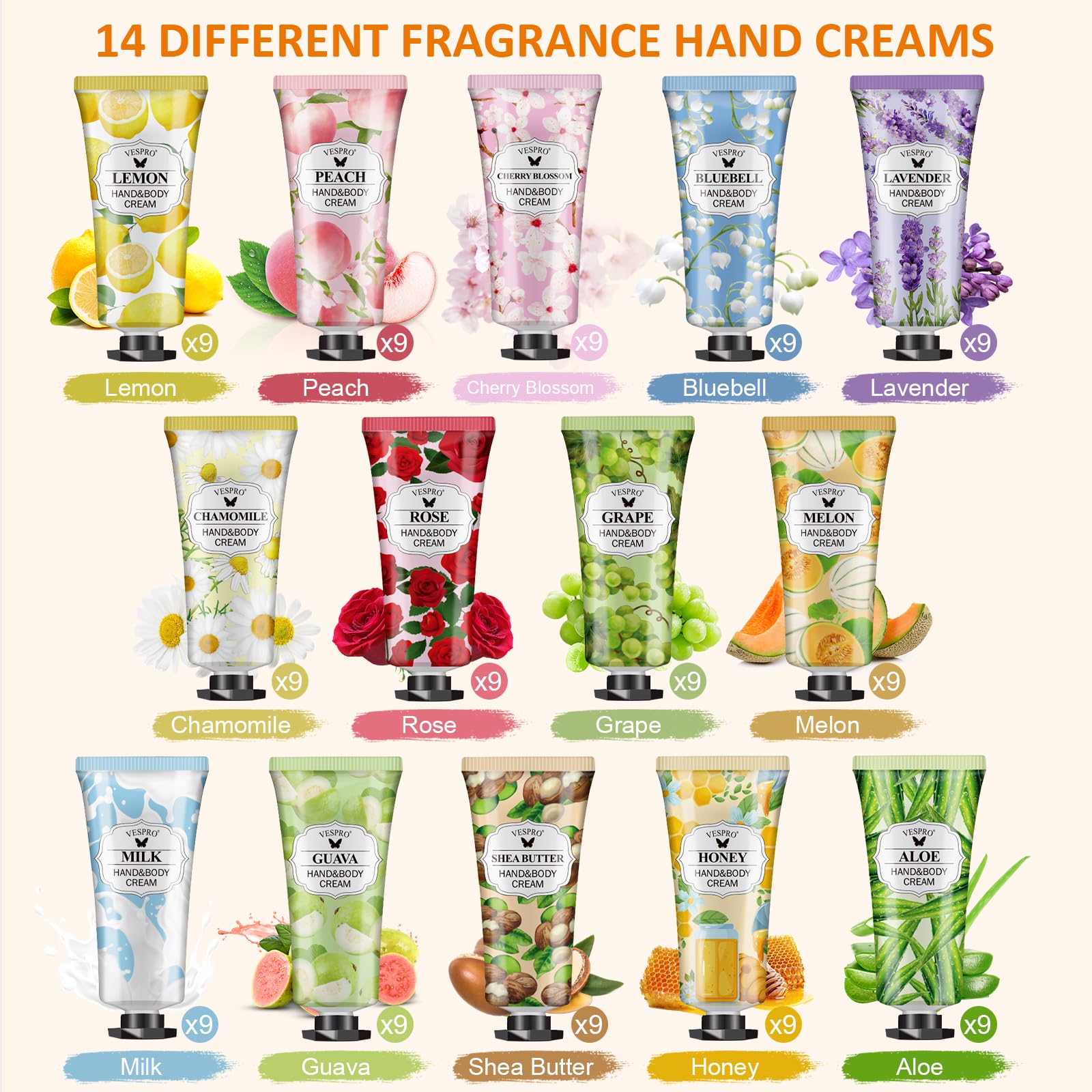 VESPRO 126-Pack Hand Cream Set – 14 Scents, Travel-Size Moisturizers