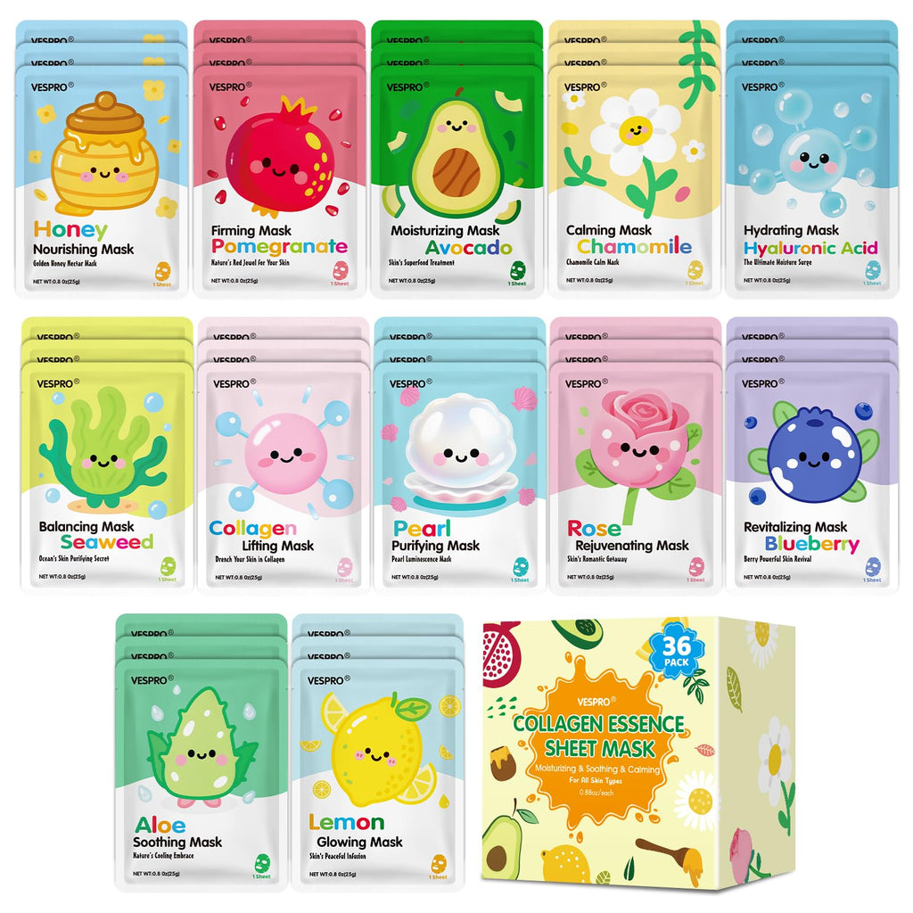 VESPRO 36 Pack Skincare Masks – Hydrating & Moisturizing Sheet Mask Bundle for All Skin Types