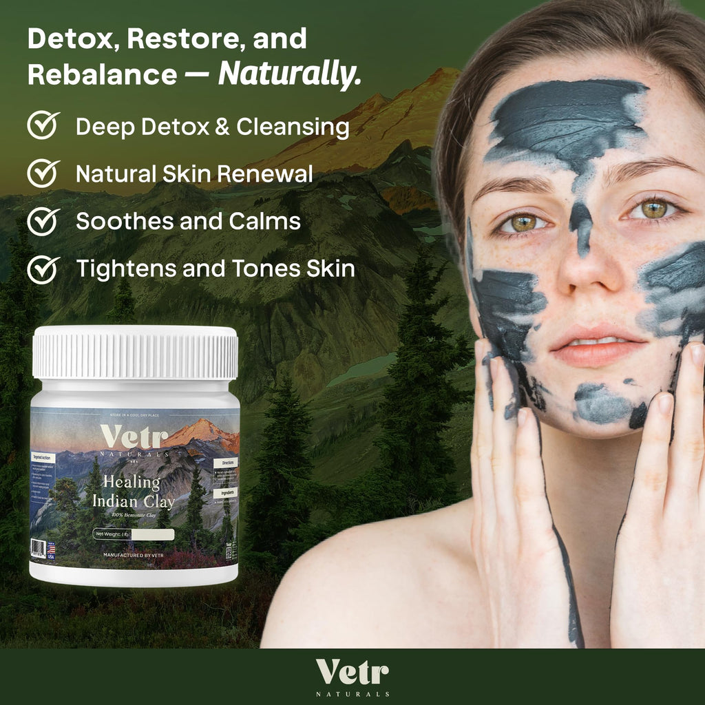 Vetr Naturals Healing Indian Clay – Organic Bentonite Clay 1 lb for Deep Pore Cleansing