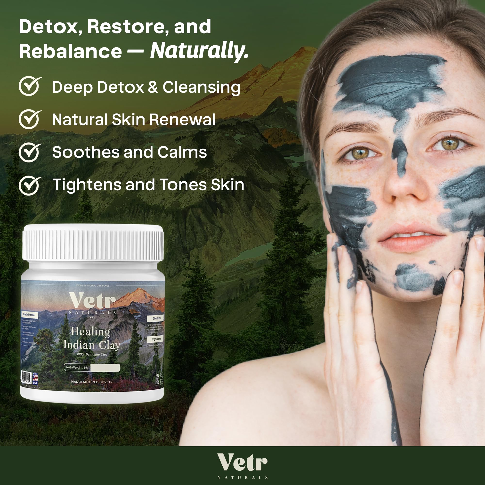 Vetr Naturals Healing Indian Clay – Organic Bentonite Clay 1 lb for Deep Pore Cleansing
