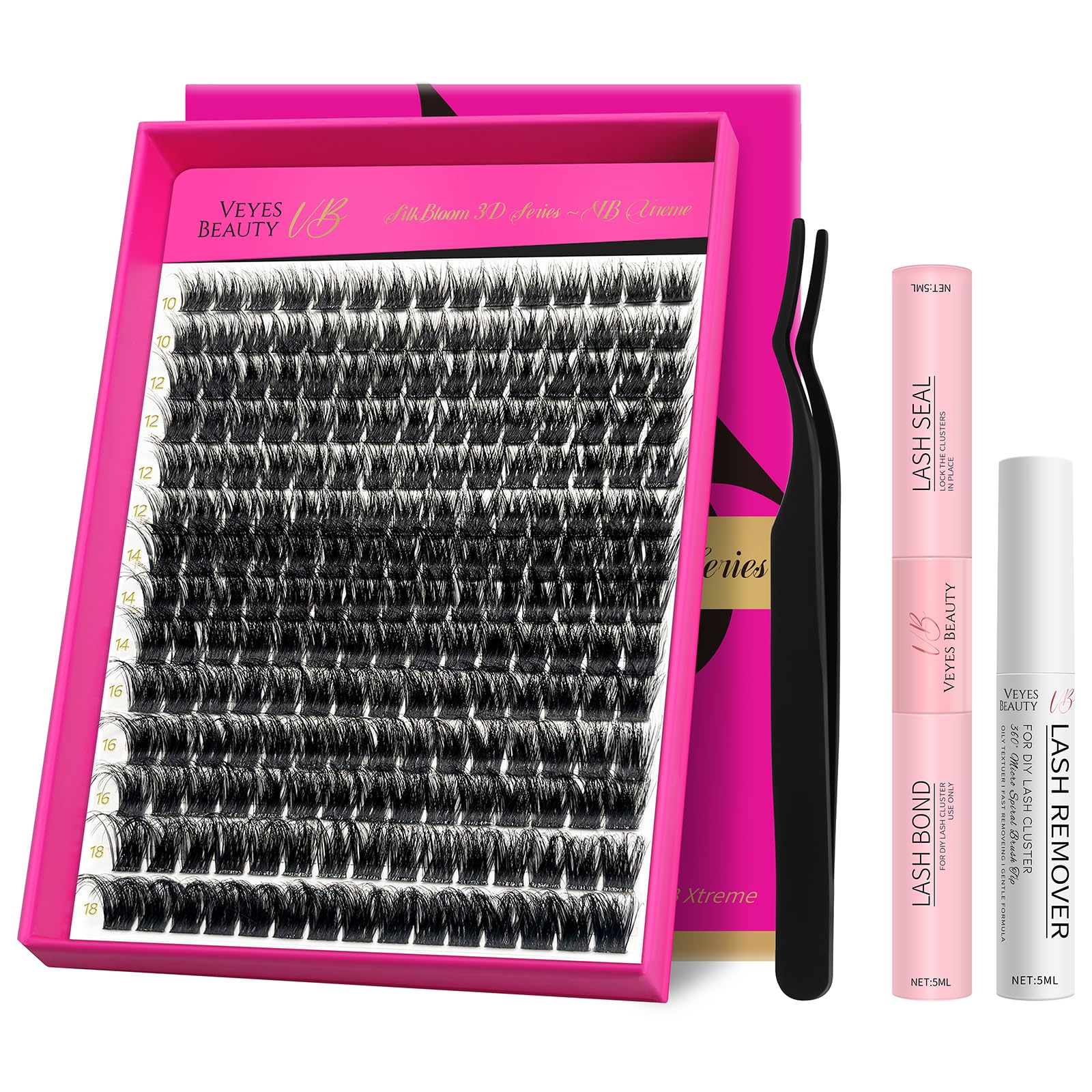 VEYESBEAUTY Lash Clusters Kit – 3D Fluffy Volume Lashes 10-18mm with Bond, Seal, Remover, Applicator
