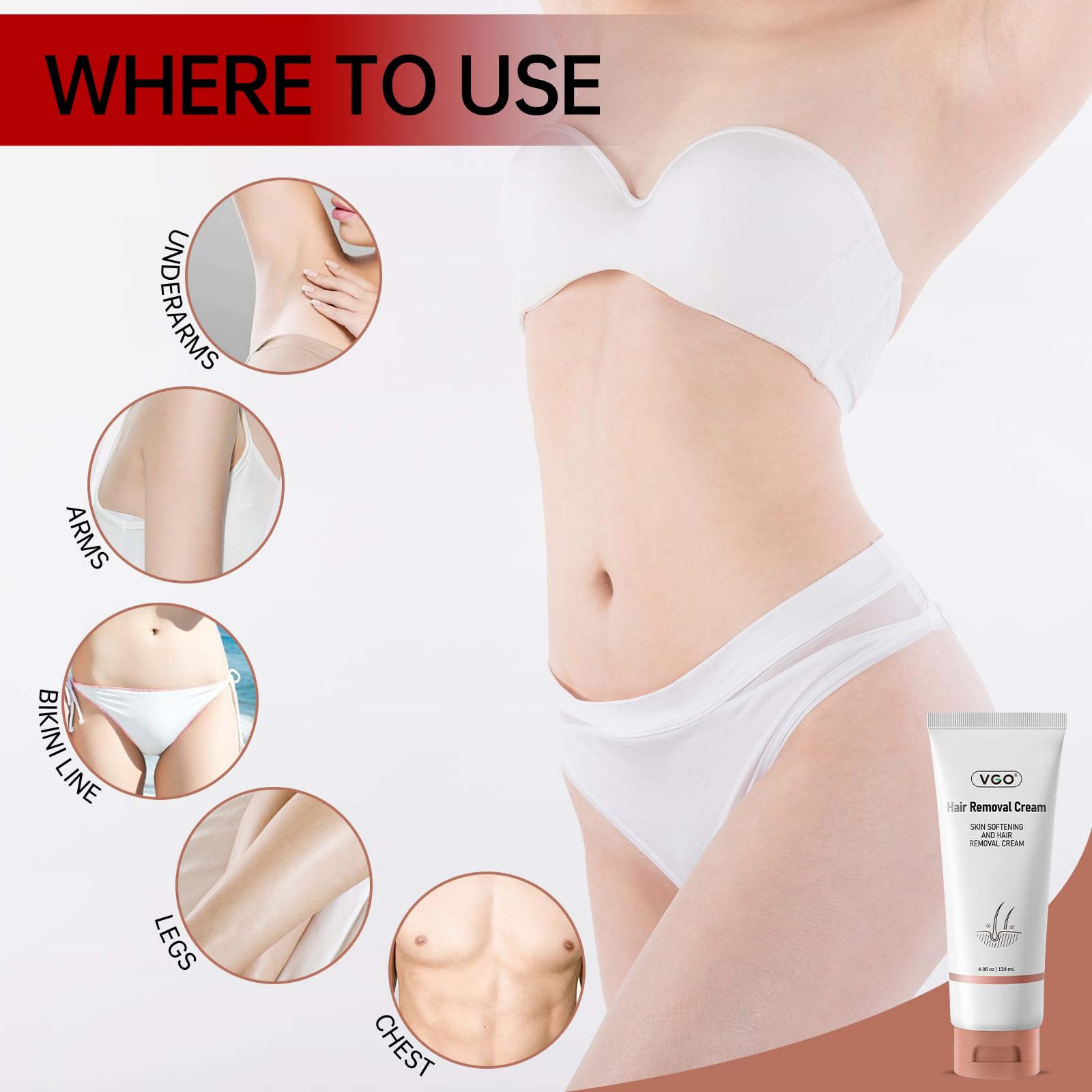 VGO Painless Hair Removal Cream for Women & Men — All Skin Types, 4.06oz (Spatula Included)