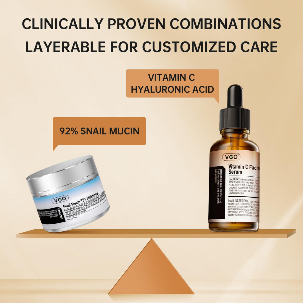 VGO Skin Care Set: Snail Mucin 92% Moisturizer + Vitamin C Serum for Hydration & Firming | All Skin Types