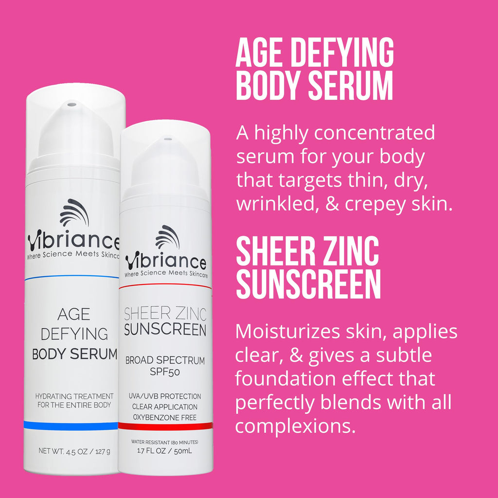 Vibriance Premium Skincare Bundle | Super C Serum, Gentle Cleanser, Lightweight Moisturizing Cream, Sheer Zinc SPF 50, Age Defying Body Serum