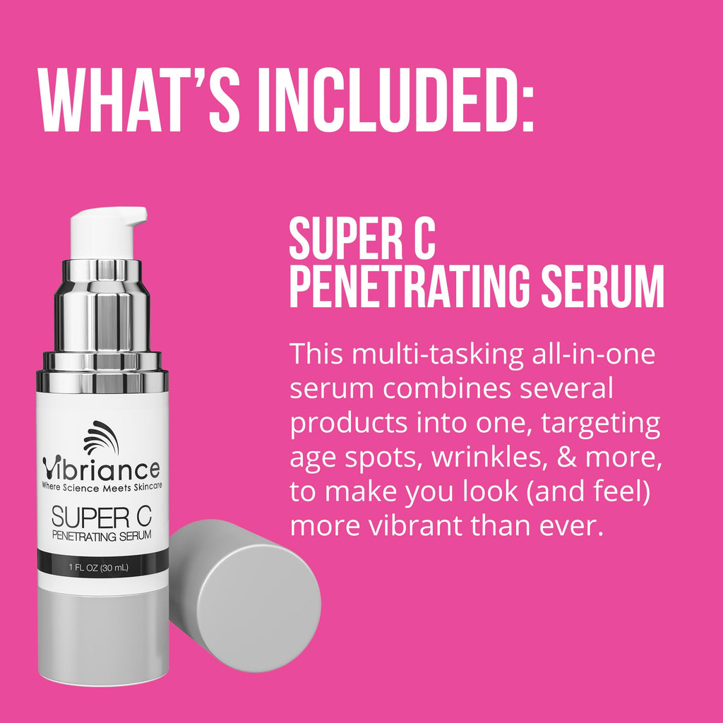 Vibriance Premium Skincare Bundle | Super C Serum, Gentle Cleanser, Lightweight Moisturizing Cream, Sheer Zinc SPF 50, Age Defying Body Serum