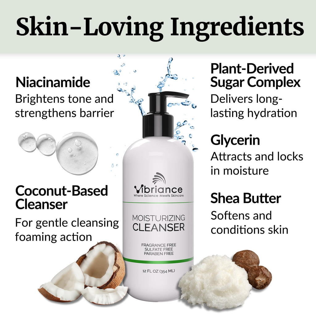 Vibriance Moisturizing Cleanser – Oil-to-Foam Face Wash with Niacinamide & Shea Butter for Mature Skin | Hydrating & Gentle, Sulfate-Free, 12 oz