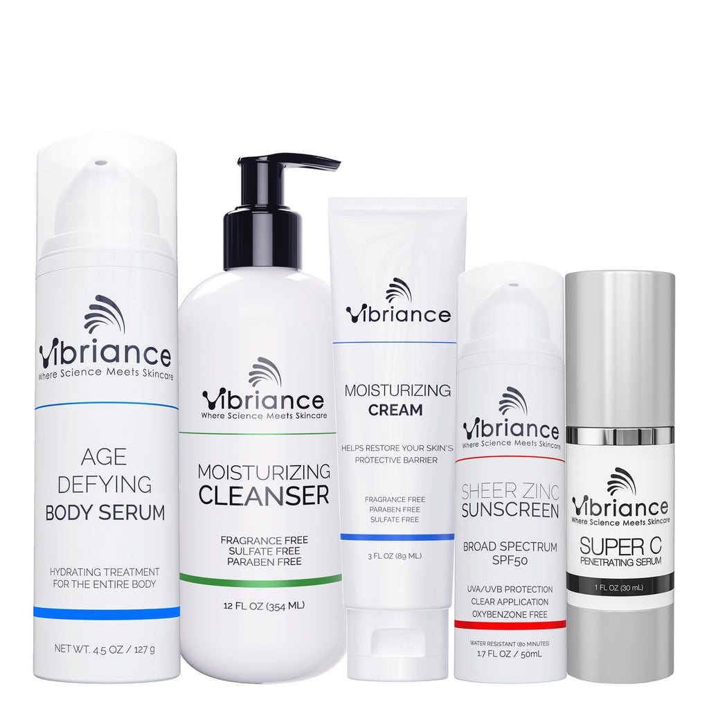 Vibriance Premium Skincare Bundle | Super C Serum, Gentle Cleanser, Lightweight Moisturizing Cream, Sheer Zinc SPF 50, Age Defying Body Serum