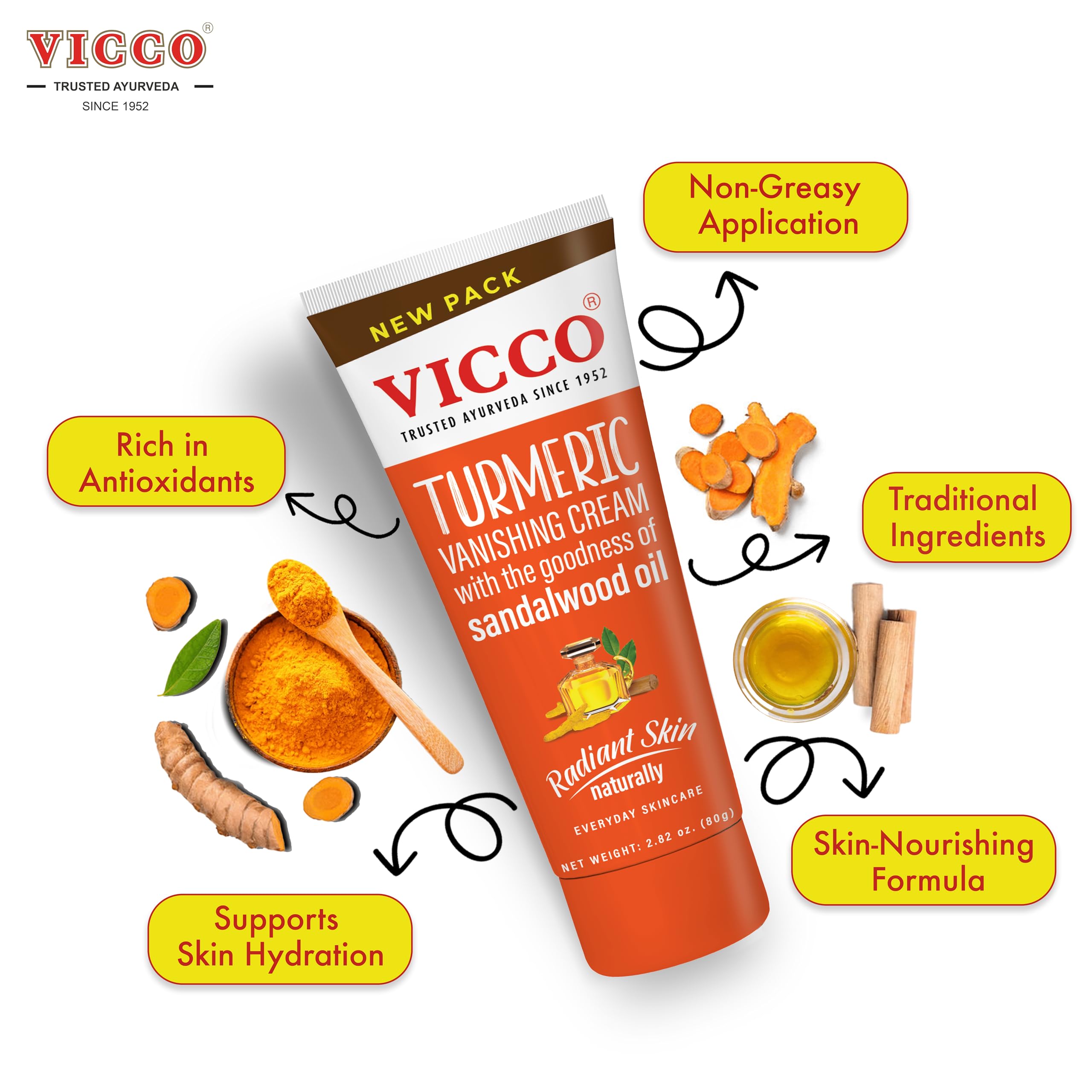 Vicco Turmeric Face Moisturizer Cream with Sandalwood Oil – 70-Year Ayurveda Legacy, Hydrating Natural Turmeric, Vegan, 3 x 2.82 oz