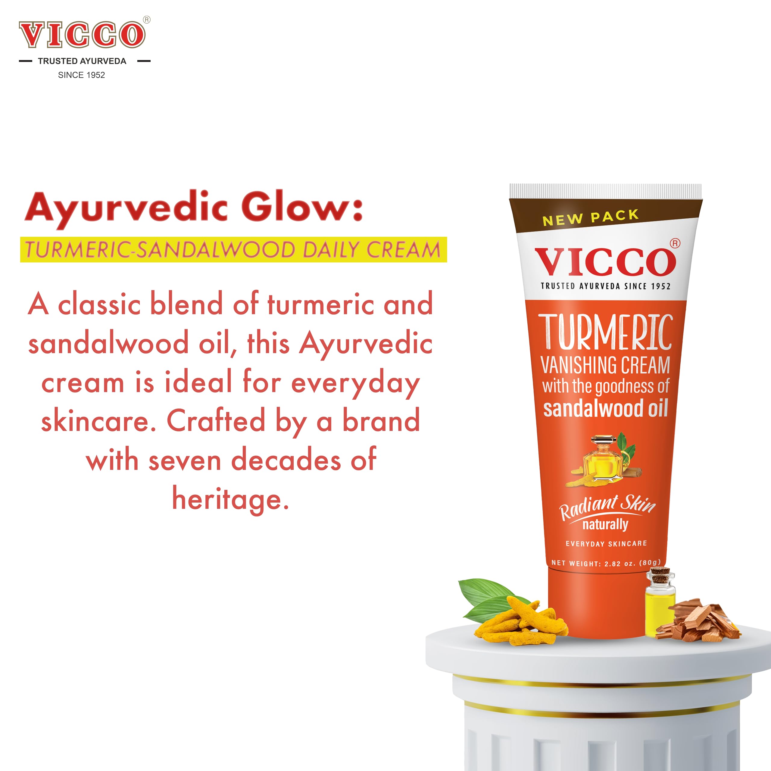 Vicco Turmeric Face Moisturizer Cream with Sandalwood Oil – 70-Year Ayurveda Legacy, Hydrating Natural Turmeric, Vegan, 3 x 2.82 oz