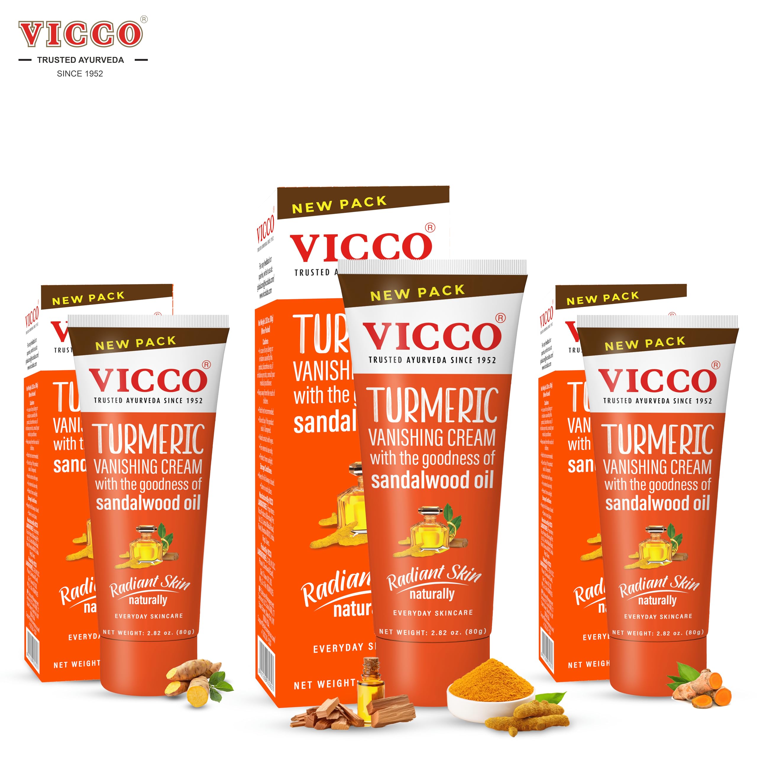 Vicco Turmeric Face Moisturizer Cream with Sandalwood Oil – 70-Year Ayurveda Legacy, Hydrating Natural Turmeric, Vegan, 3 x 2.82 oz