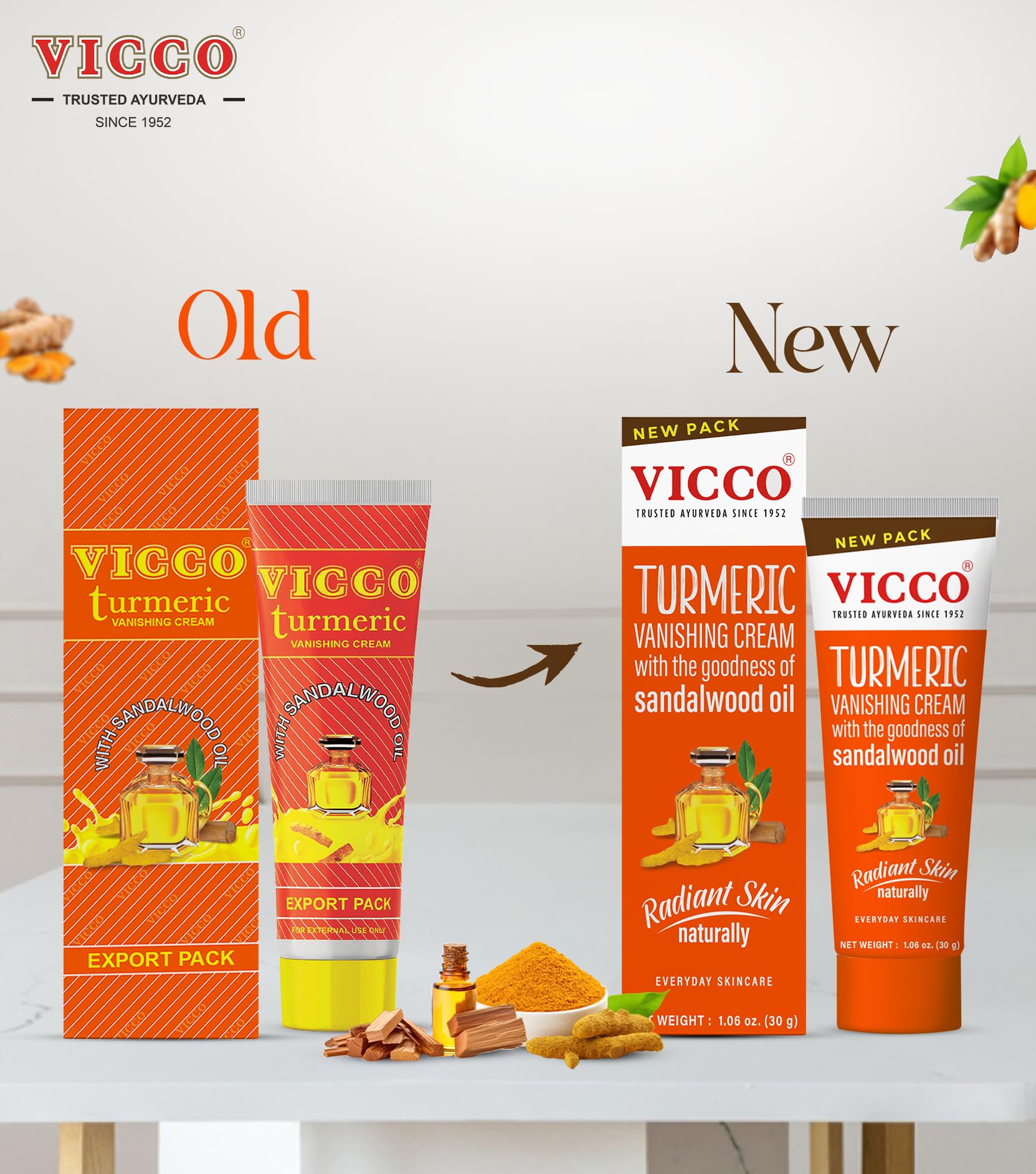 Vicco Turmeric Face Moisturizer Cream with Sandalwood Oil – 70-Year Ayurveda Legacy, Hydrating Natural Turmeric, Vegan, 3 x 2.82 oz