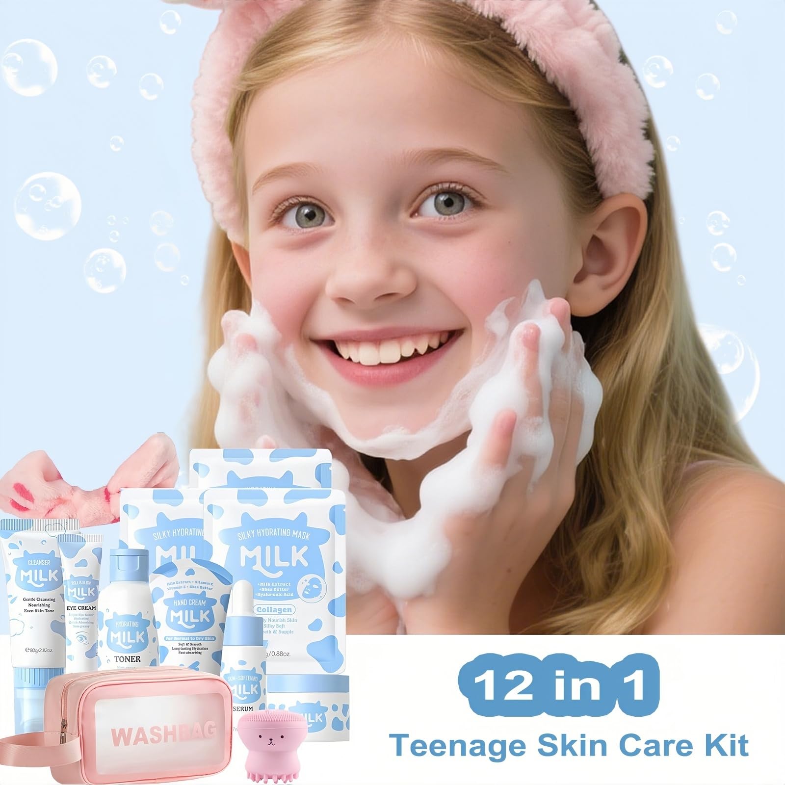 Vienflona Milk Skincare Set for Kids & Teens – 12-in-1 Gentle Hydration