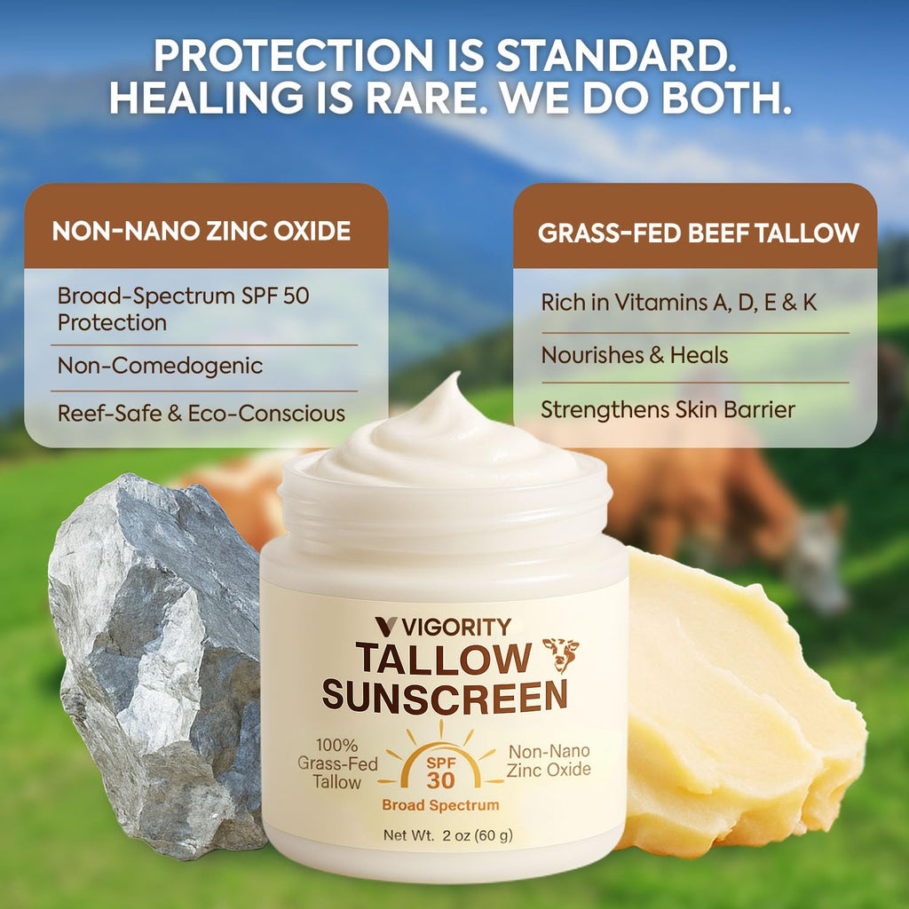 Vigority Beef Tallow Sunscreen SPF 30 – Non-Toxic Mineral Sunblock with Clear Zinc (2 oz)