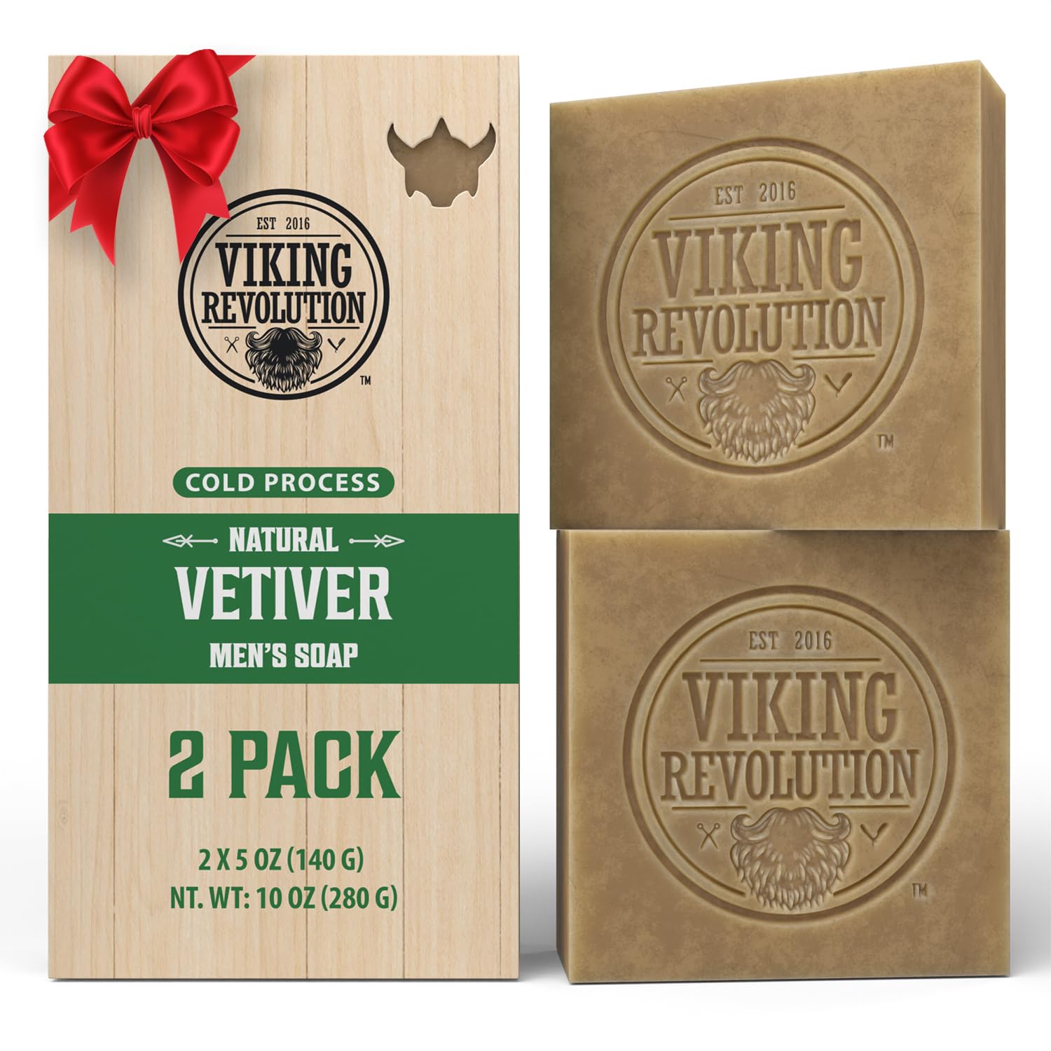 Viking Revolution Vetiver Natural Soap for Men - Cold-Pressed Vetiver Bar with Coconut Oil, Shea Oil, Almond Oil (2 Pack)