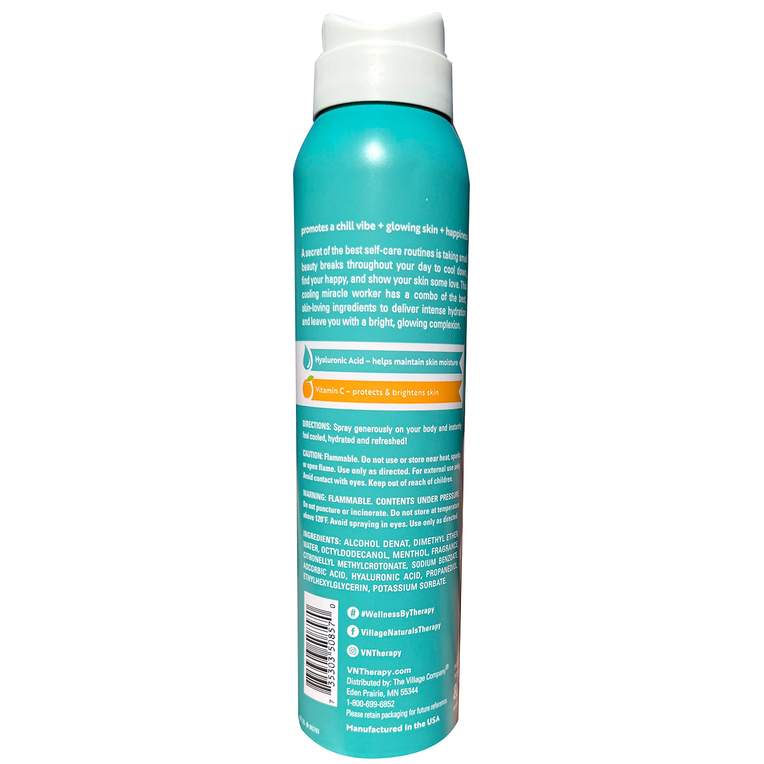 Village Naturals Therapy Wellness Hydrate & Cool Body Spray - Vitamin C, Menthol & Hyaluronic Acid - Full Body Cooling Mist (Pack of 3 Cans, 4 oz Each)