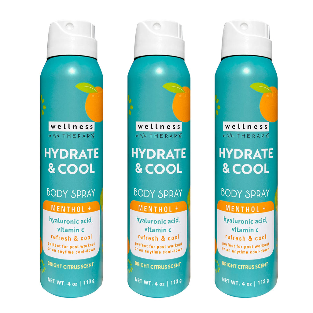 Village Naturals Therapy Wellness Hydrate & Cool Body Spray - Vitamin C, Menthol & Hyaluronic Acid - Full Body Cooling Mist (Pack of 3 Cans, 4 oz Each)