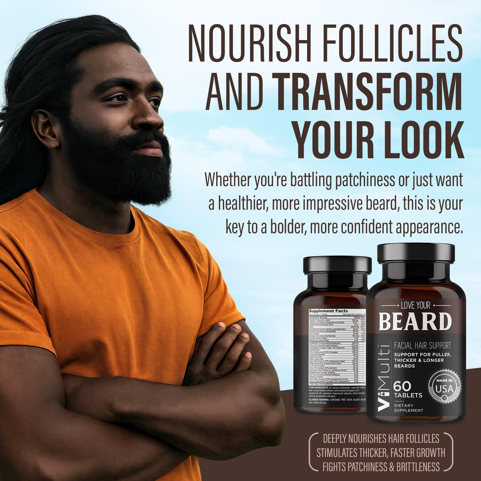 vimulti Love Your Beard Growth Vitamins – Thicker, Fuller, Healthier Facial Hair for Men