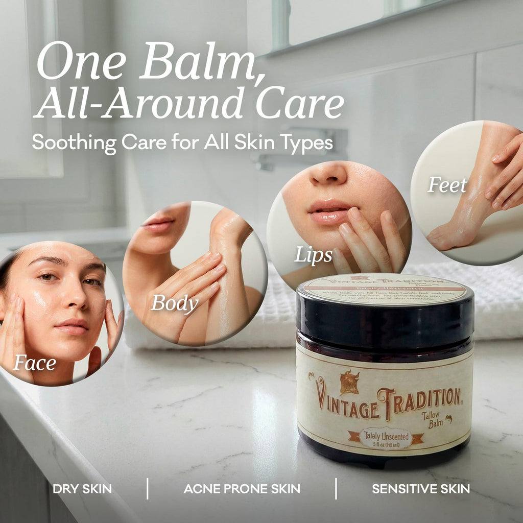 Vintage Tradition Beef Tallow Balm – Unscented Skin Care with Olive Oil + Grass-Fed Tallow, 2 oz