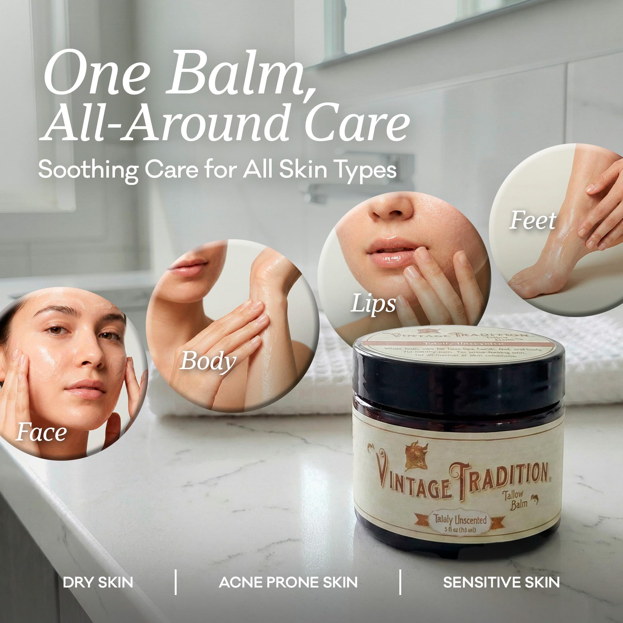Vintage Tradition Beef Tallow Balm – Unscented Skin Care with Olive Oil + Grass-Fed Tallow, 2 oz