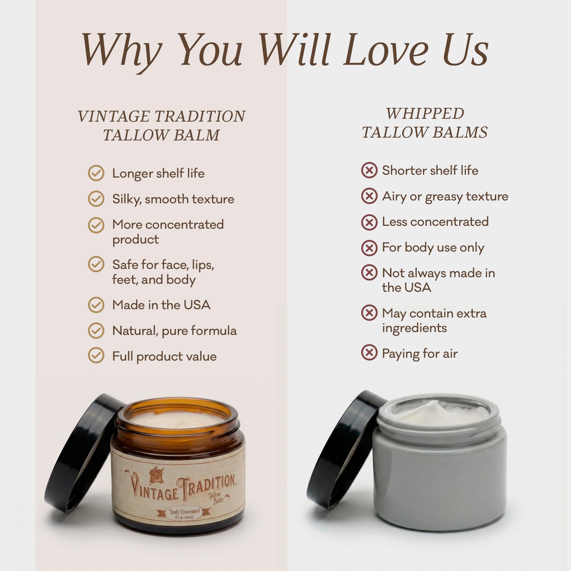 Vintage Tradition Beef Tallow Balm – Unscented Skin Care with Olive Oil + Grass-Fed Tallow, 2 oz