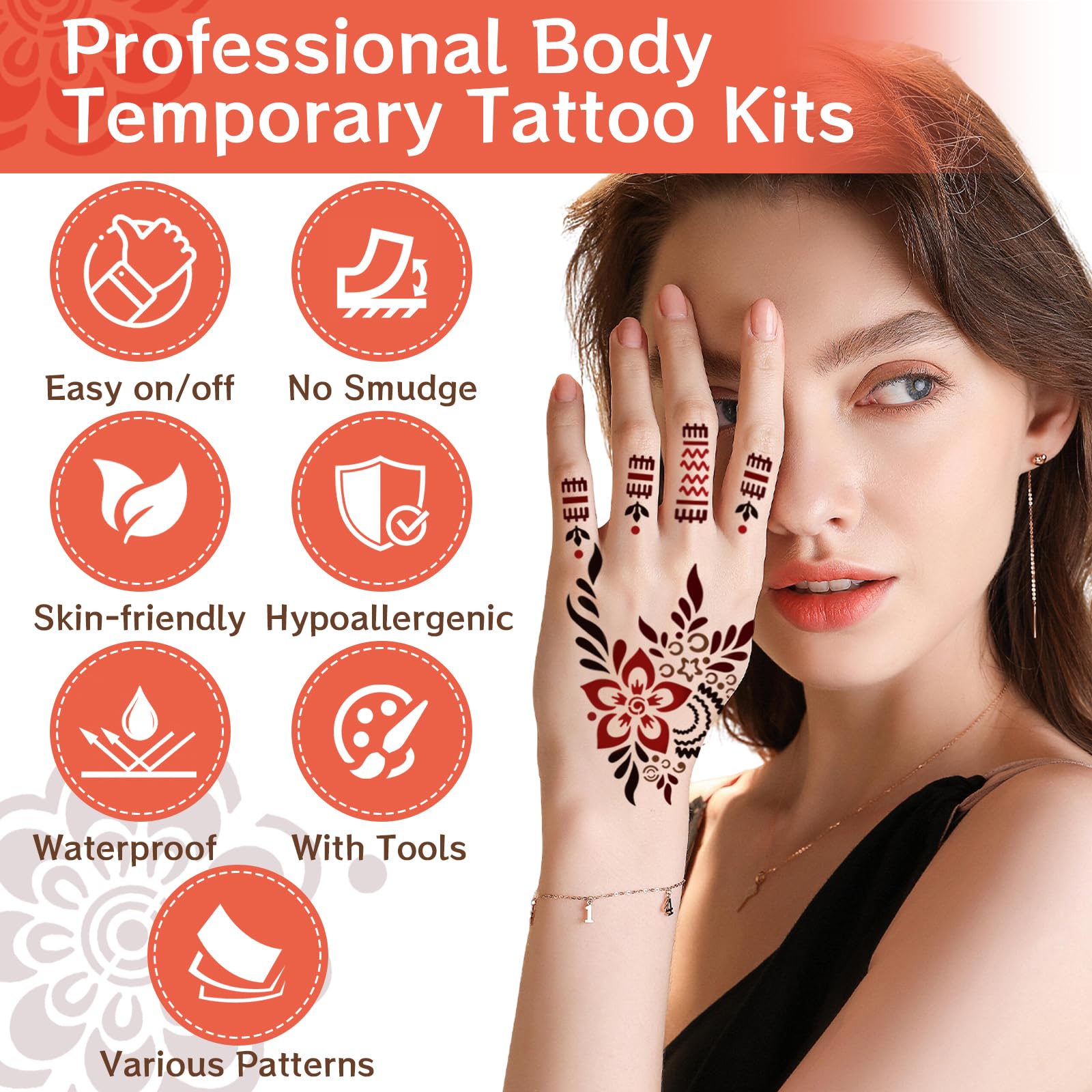 VIOXIA 12 Sheet Henna Tattoo Kit – 136 Patterns, 6 Cones in 3 Colors for Face & Body