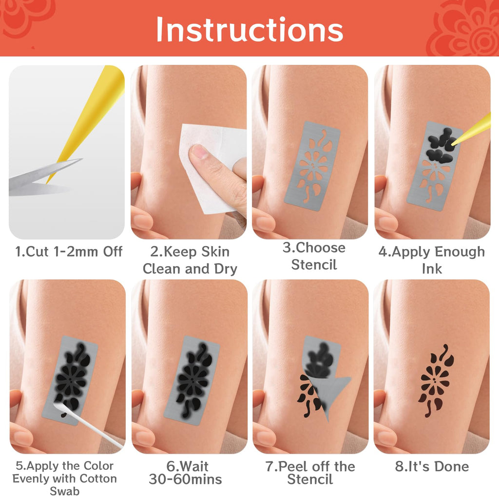 VIOXIA 12 Sheet Henna Tattoo Kit – 136 Patterns, 6 Cones in 3 Colors for Face & Body