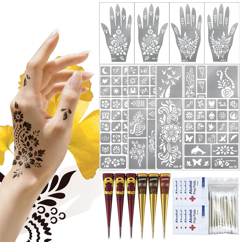 VIOXIA 12 Sheet Henna Tattoo Kit – 136 Patterns, 6 Cones in 3 Colors for Face & Body