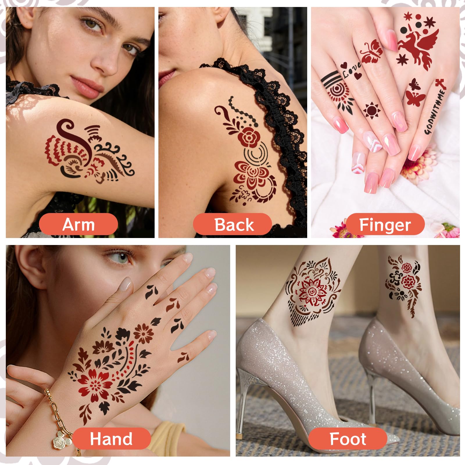 VIOXIA 12 Sheet Henna Tattoo Kit – 136 Patterns, 6 Cones in 3 Colors for Face & Body