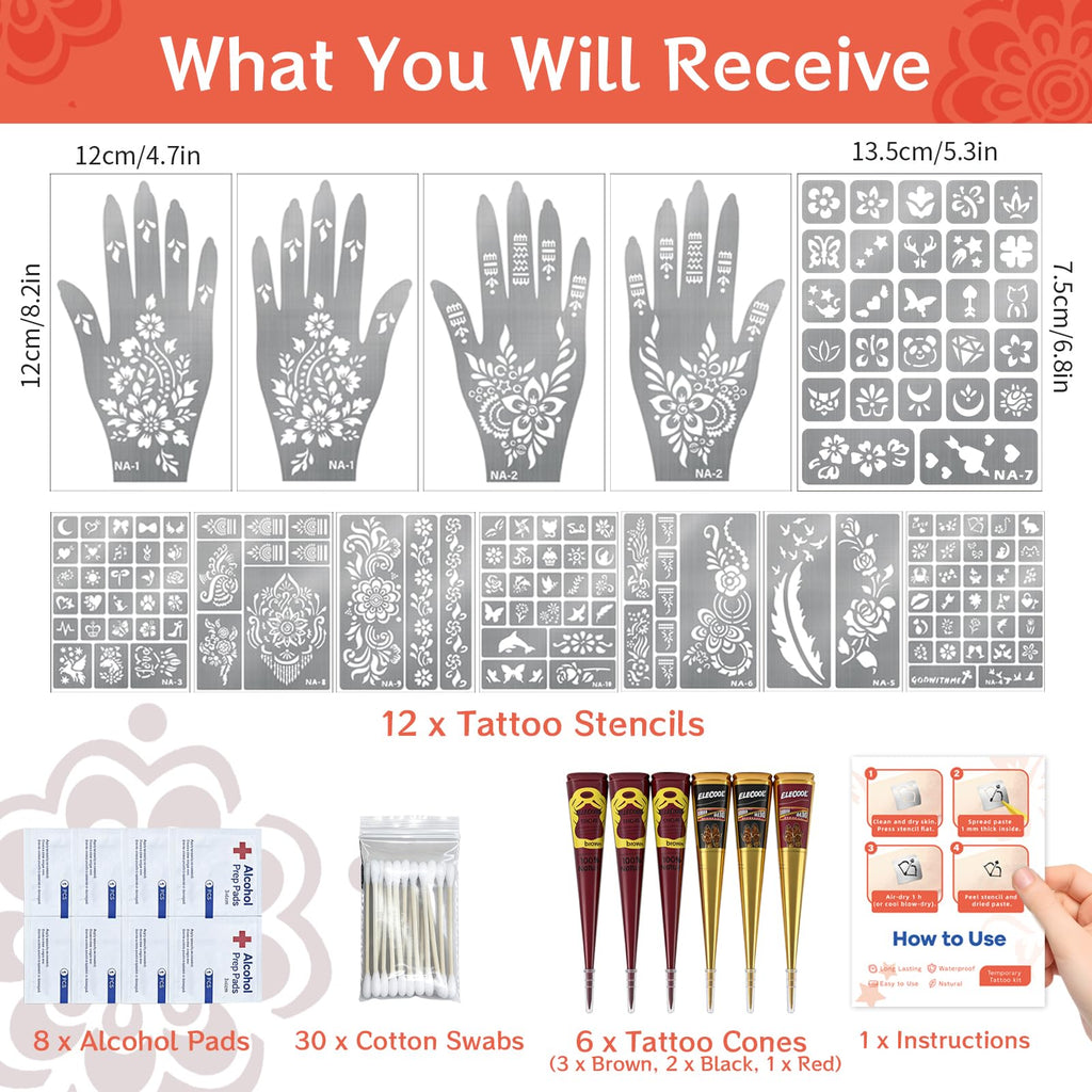 VIOXIA 12 Sheet Henna Tattoo Kit – 136 Patterns, 6 Cones in 3 Colors for Face & Body