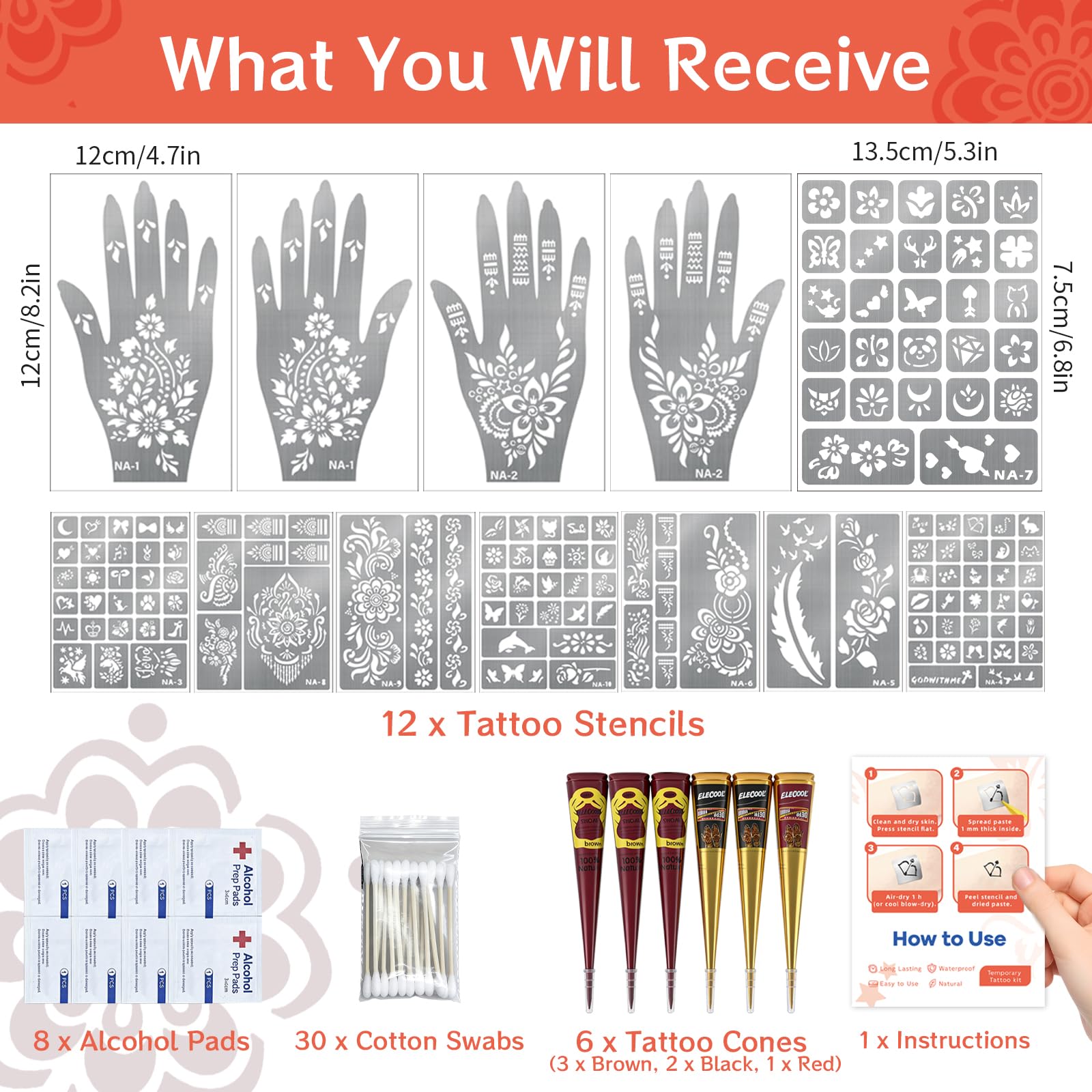 VIOXIA 12 Sheet Henna Tattoo Kit – 136 Patterns, 6 Cones in 3 Colors for Face & Body