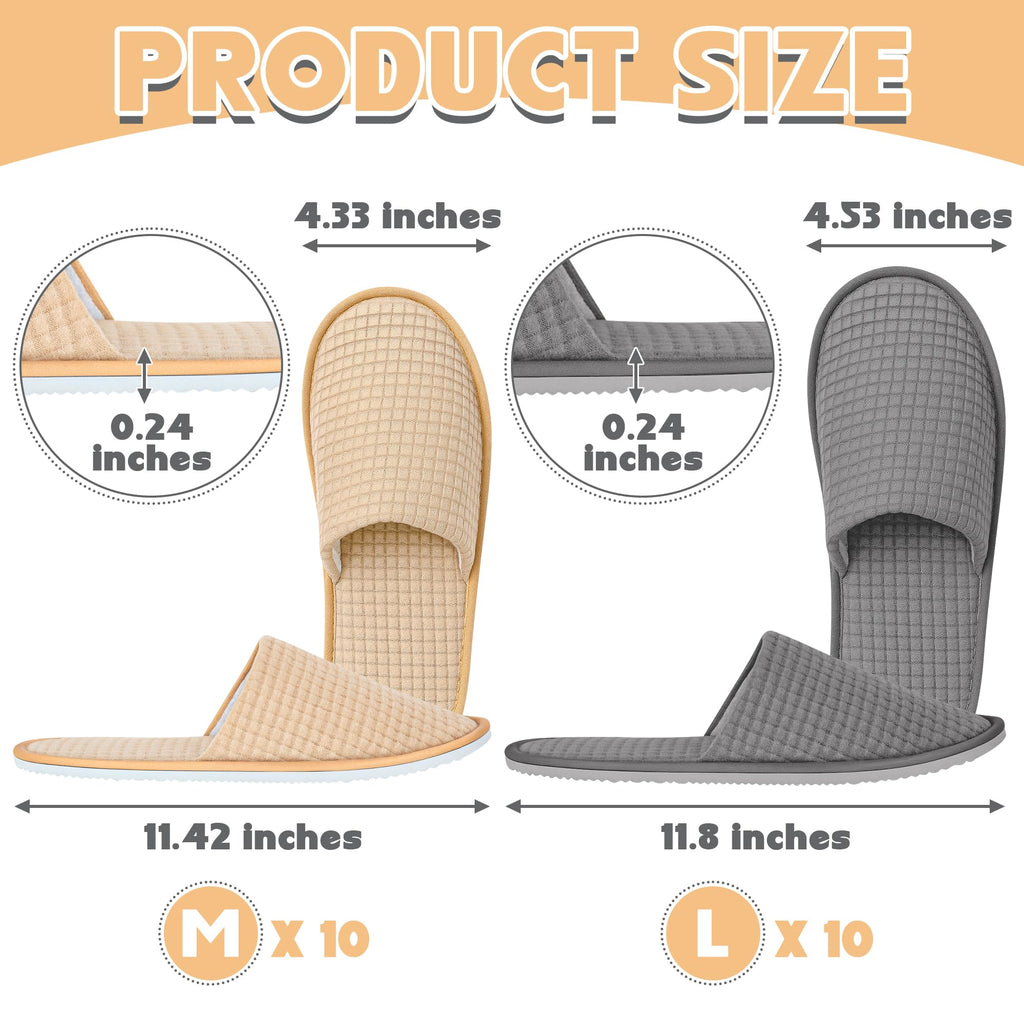 Vipay 20 Pairs Disposable Slippers – Beige M & Gray L, Breathable Non-Slip Hotel Guest Slippers